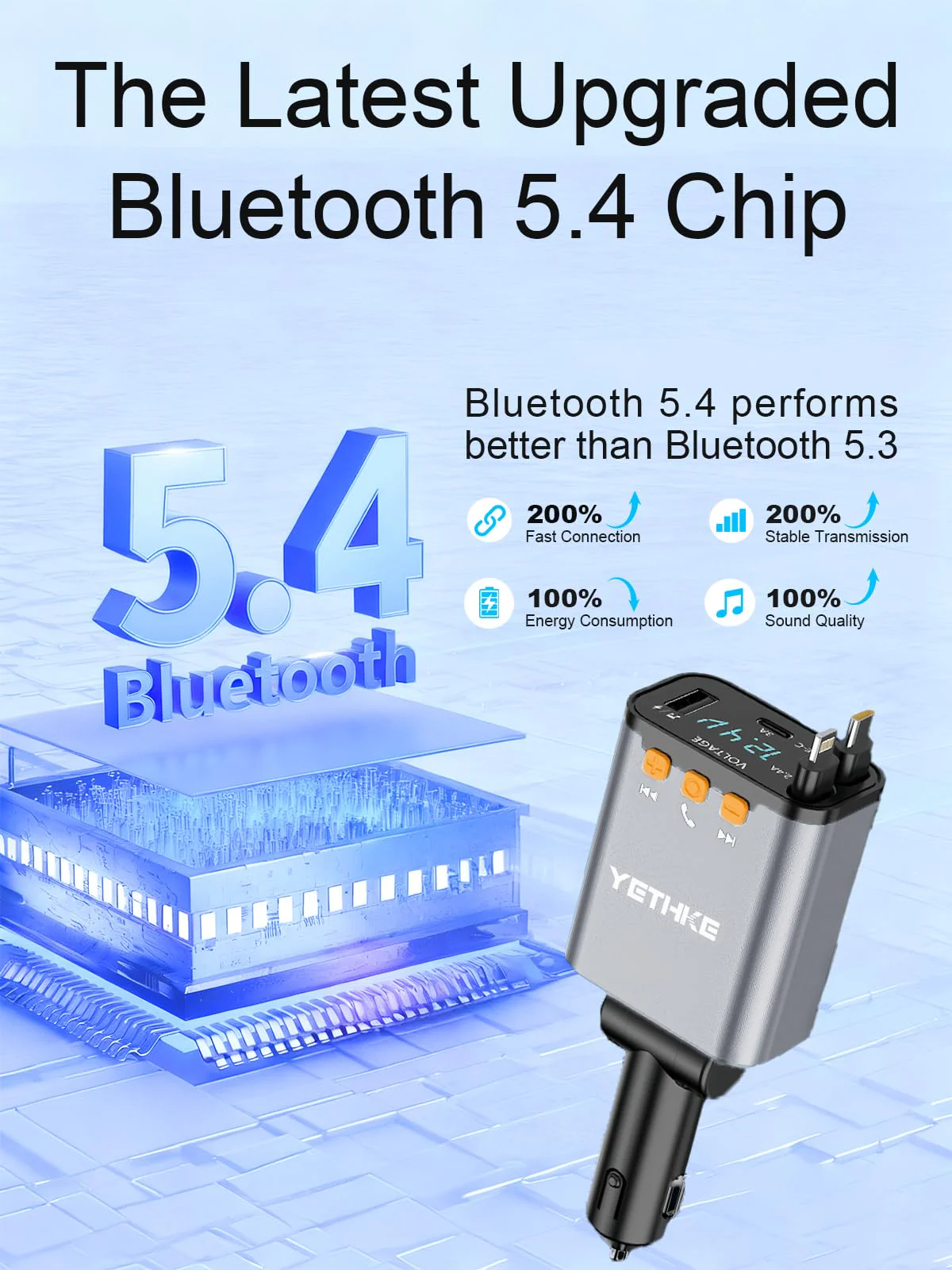 Bluetooth Car Adapter with Retractable Charger,[Upgrade] Bluetooth 5.4 FM Transmitter for Cars, 4 in 1 Fast Car Charger 69W, Handsfree Call, 2*Retractable Cable for iPhone 17/16/15/14, Galaxy-Silver Silver - Image 6