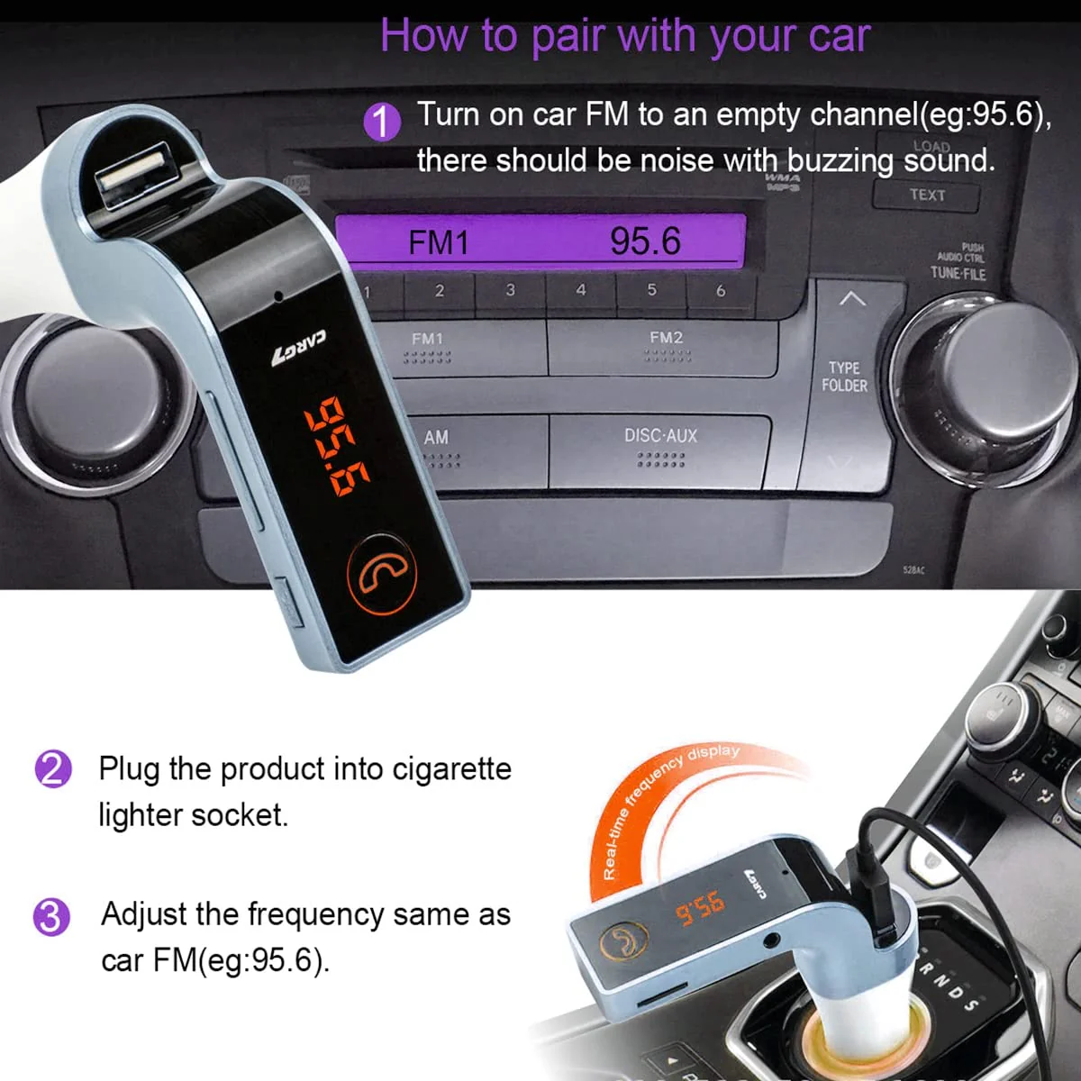 Bluetooth FM Transmitter for car, TIANSHILI Handsfree Bluetooth Receiver Car Kit with Mic/TF Card/USB Drive/AUX Play for iPhone,iPad and Other Android Phones-Silver Silver - Image 2