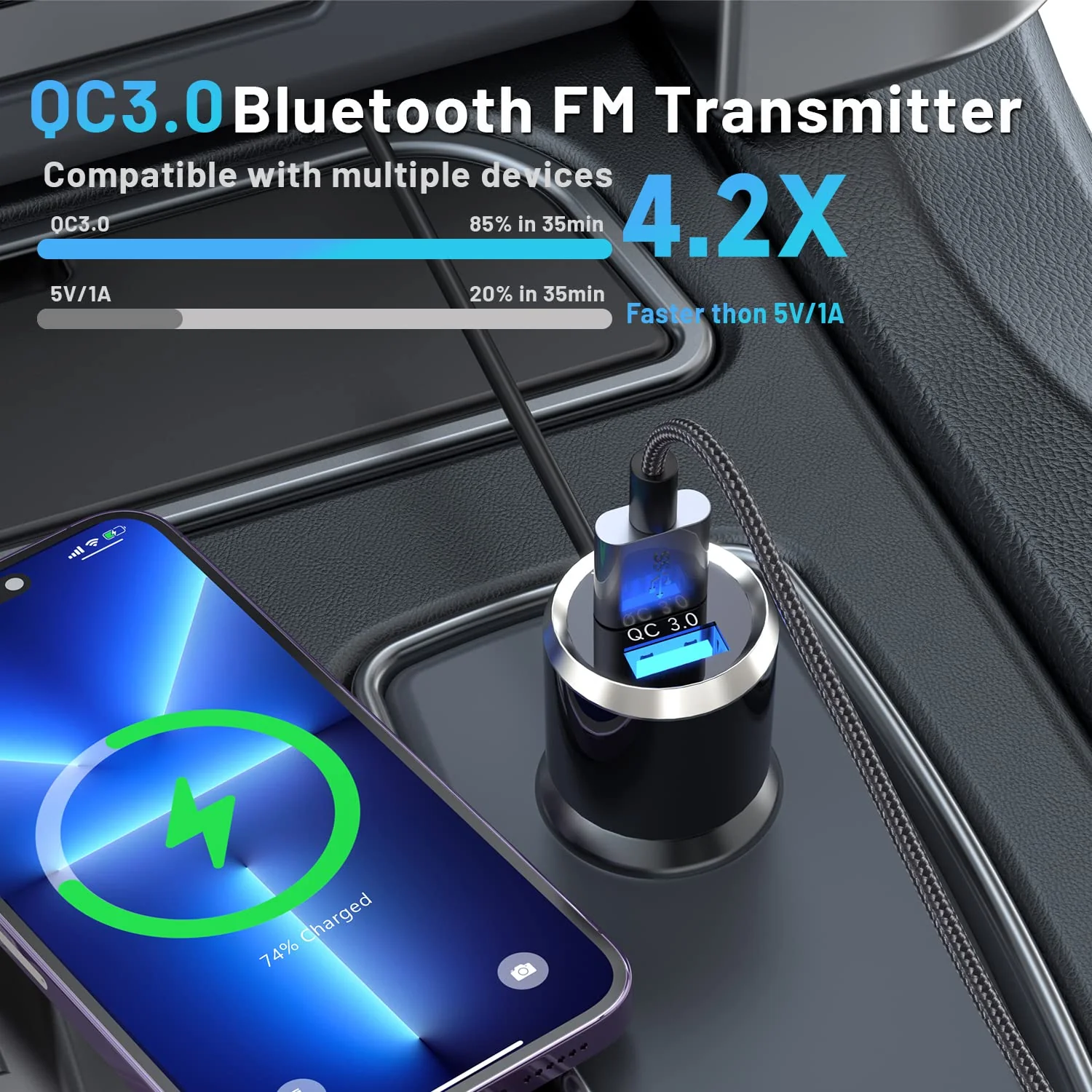 Bluetooth FM Transmitter for Car, Wireless Radio Adapter Car Music Player Receiver with Bluetooth FM Frequency Support Hands Free Call,Charger Dual USB Port,TF Card/AUX BC49BQ - Image 4
