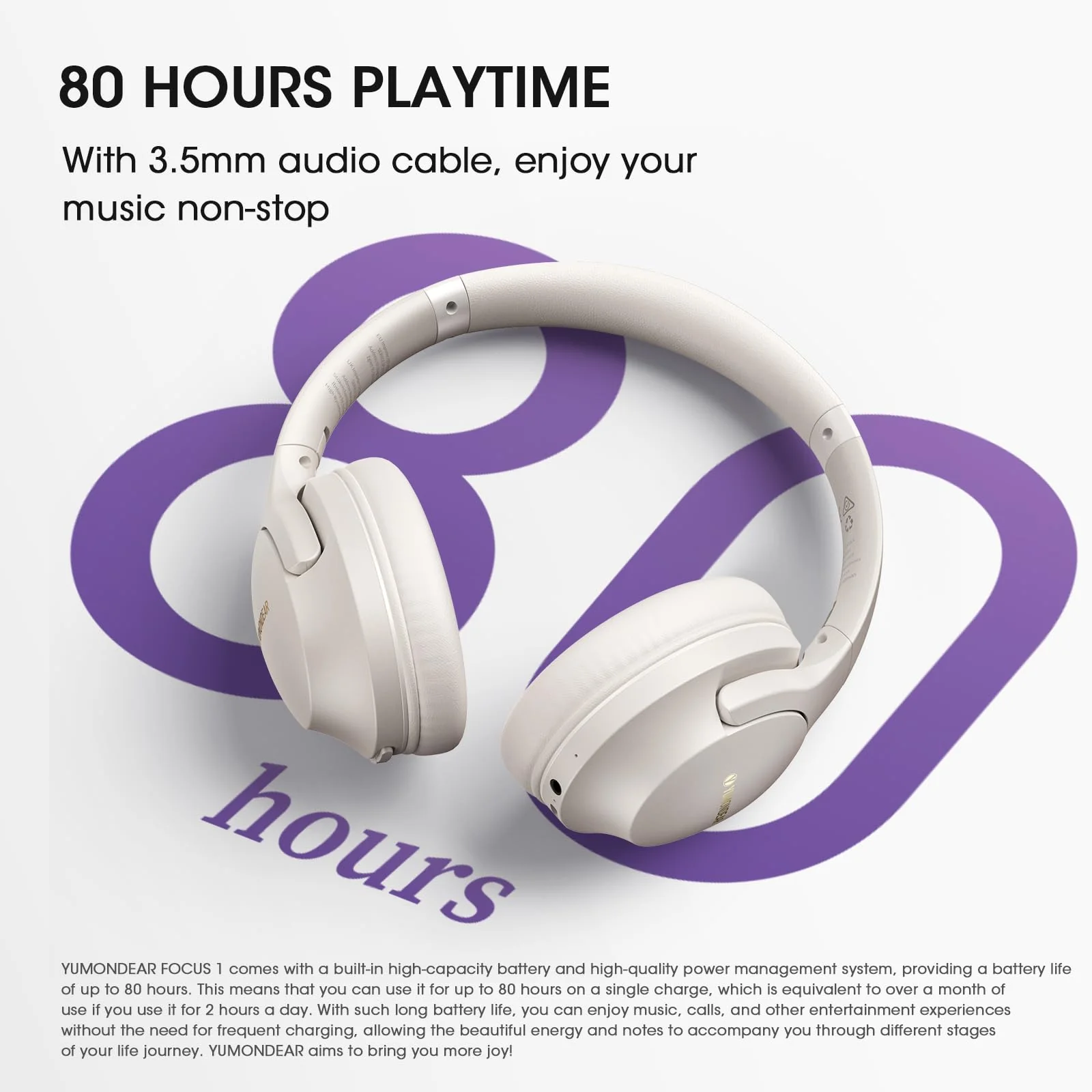 Bluetooth Headphones, 80H Playtime Headphones Wireless Bluetooth with 3 EQ Modes, Over Ear Headphones with Microphone, HiFi Stereo Sound, Foldable Headphones for PC Phone TV (Light Gray) Light Gray - Image 3