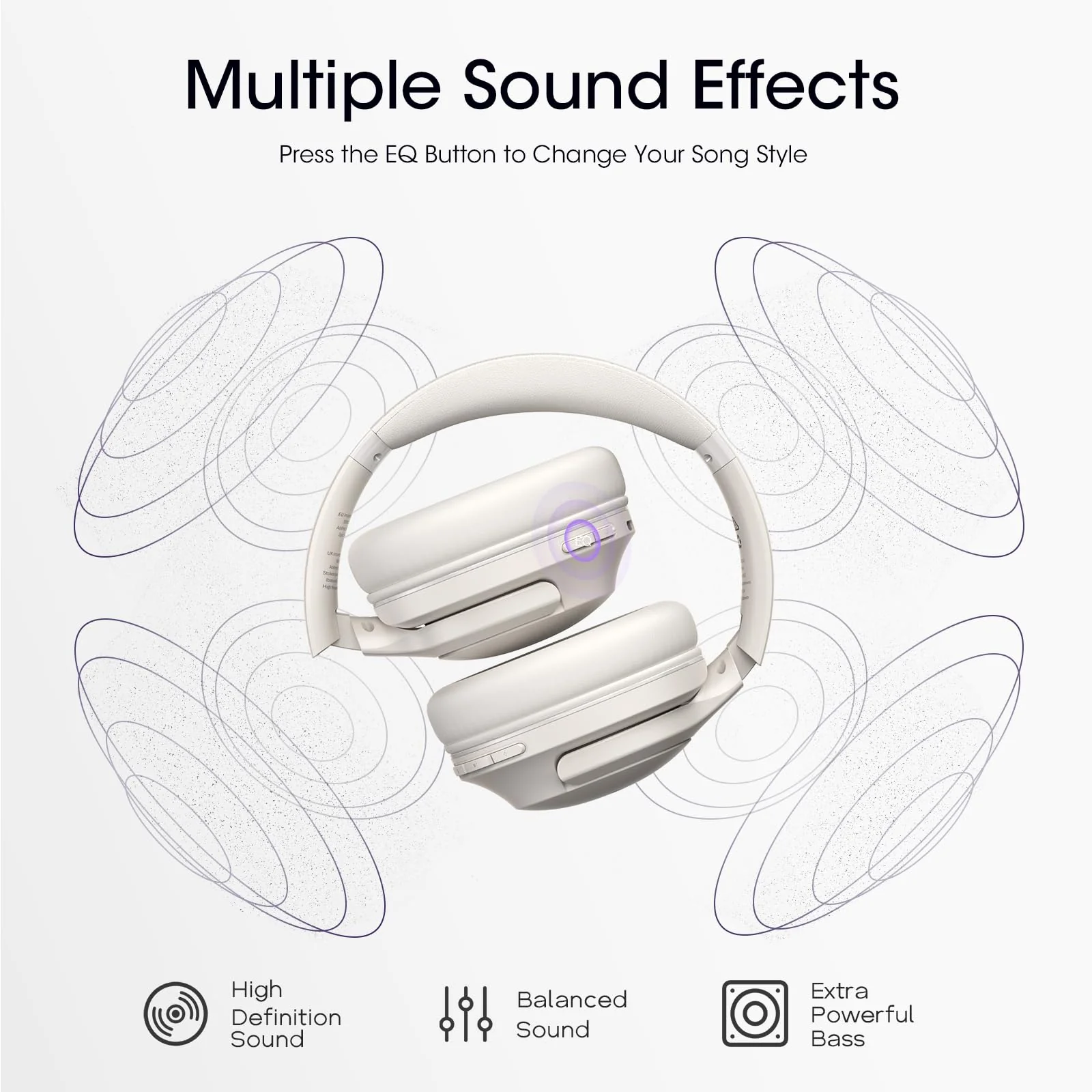 Bluetooth Headphones, 80H Playtime Headphones Wireless Bluetooth with 3 EQ Modes, Over Ear Headphones with Microphone, HiFi Stereo Sound, Foldable Headphones for PC Phone TV (Light Gray) Light Gray - Image 4