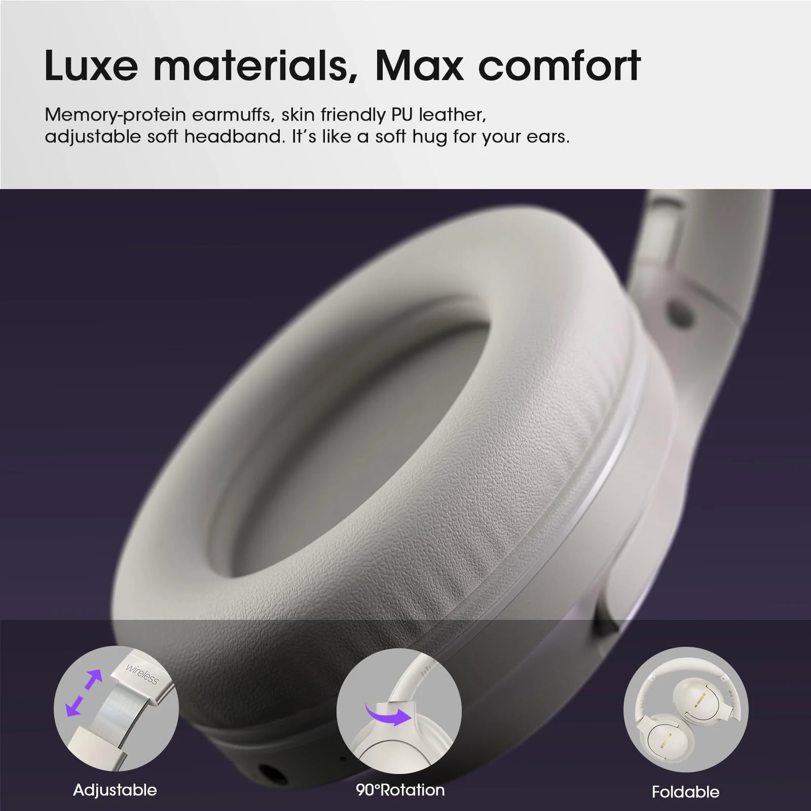Bluetooth Headphones, 80H Playtime Headphones Wireless Bluetooth with 3 EQ Modes, Over Ear Headphones with Microphone, HiFi Stereo Sound, Foldable Headphones for PC Phone TV (Light Gray) Light Gray - Image 8