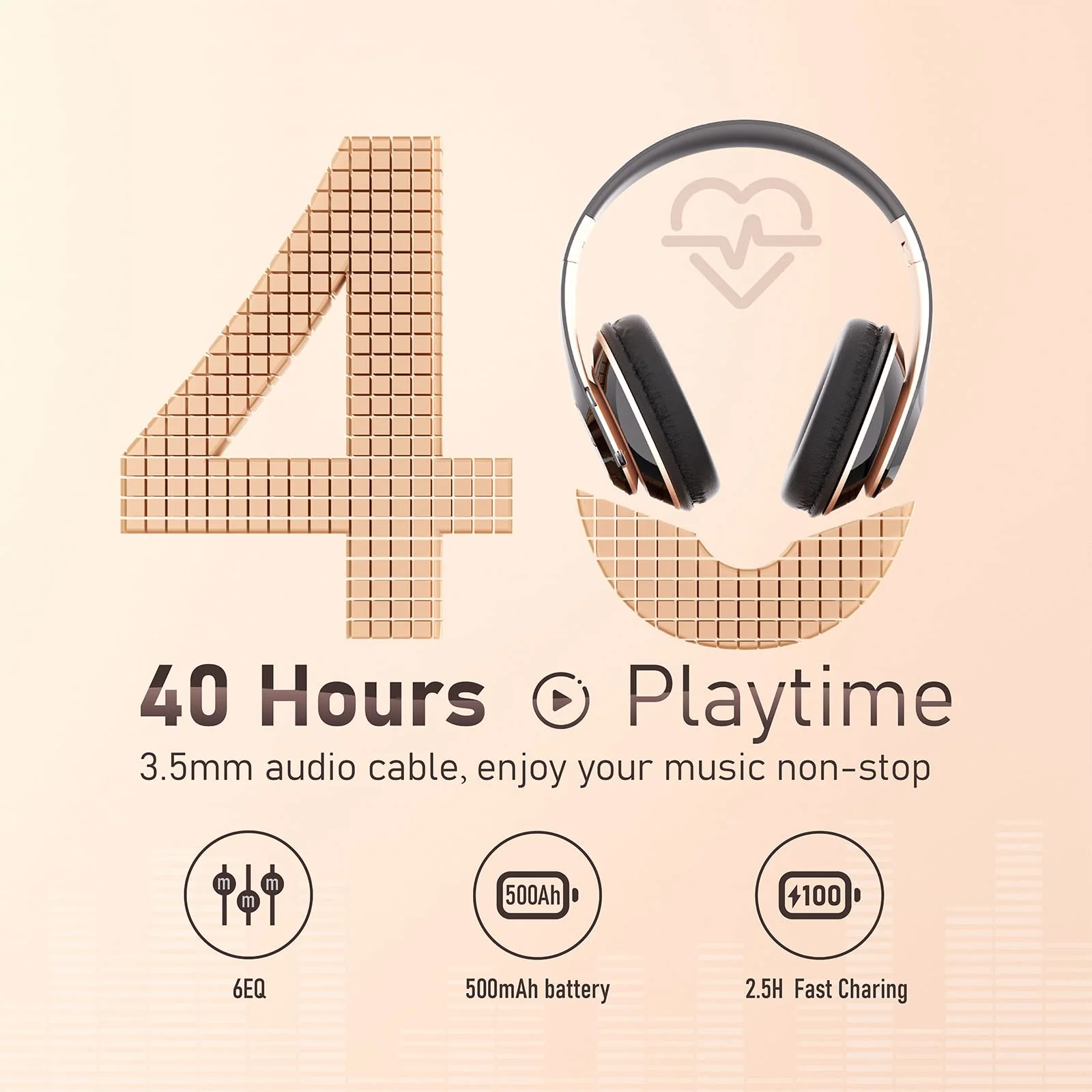 Bluetooth Headphones Over Ear, 6S Wireless Headphones Wired with 6 EQ Modes, 40 Hours Playtime Foldable HiFi Stereo Headset with Microphone, FM/TF for Cellphone/PC/Work (Black & Gold) Black & Gold - Image 2