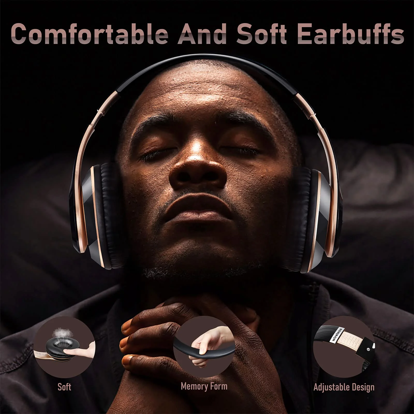 Bluetooth Headphones Over Ear, 6S Wireless Headphones Wired with 6 EQ Modes, 40 Hours Playtime Foldable HiFi Stereo Headset with Microphone, FM/TF for Cellphone/PC/Work (Black & Gold) Black & Gold - Image 3