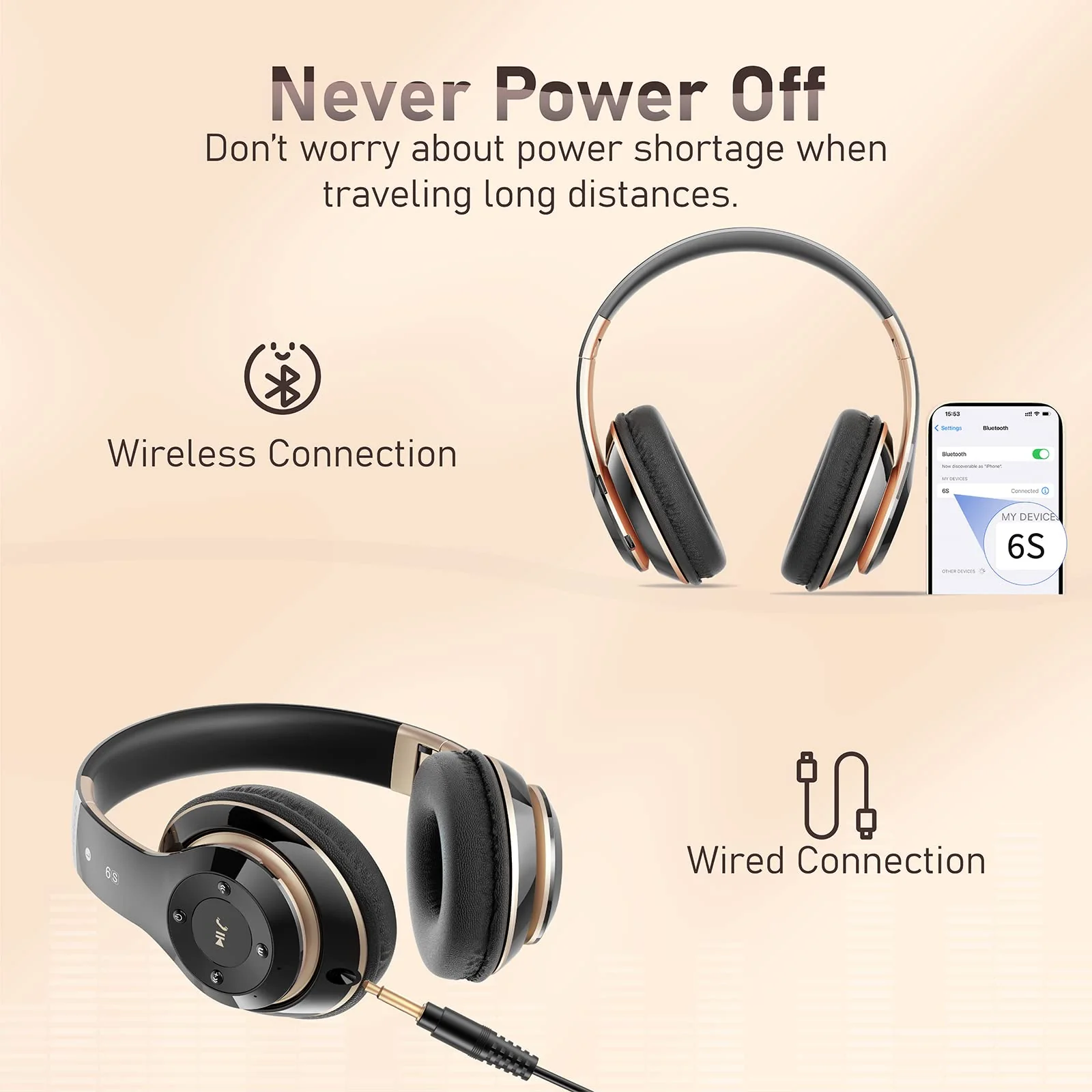 Bluetooth Headphones Over Ear, 6S Wireless Headphones Wired with 6 EQ Modes, 40 Hours Playtime Foldable HiFi Stereo Headset with Microphone, FM/TF for Cellphone/PC/Work (Black & Gold) Black & Gold - Image 4