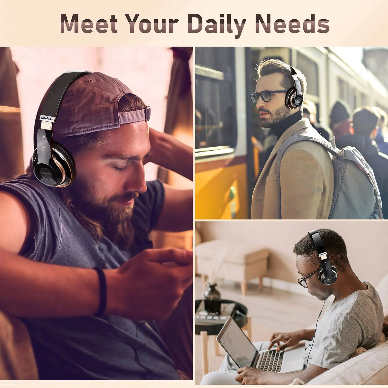 Bluetooth Headphones Over Ear, 6S Wireless Headphones Wired with 6 EQ Modes, 40 Hours Playtime Foldable HiFi Stereo Headset with Microphone, FM/TF for Cellphone/PC/Work (Black & Gold) Black & Gold - Image 7