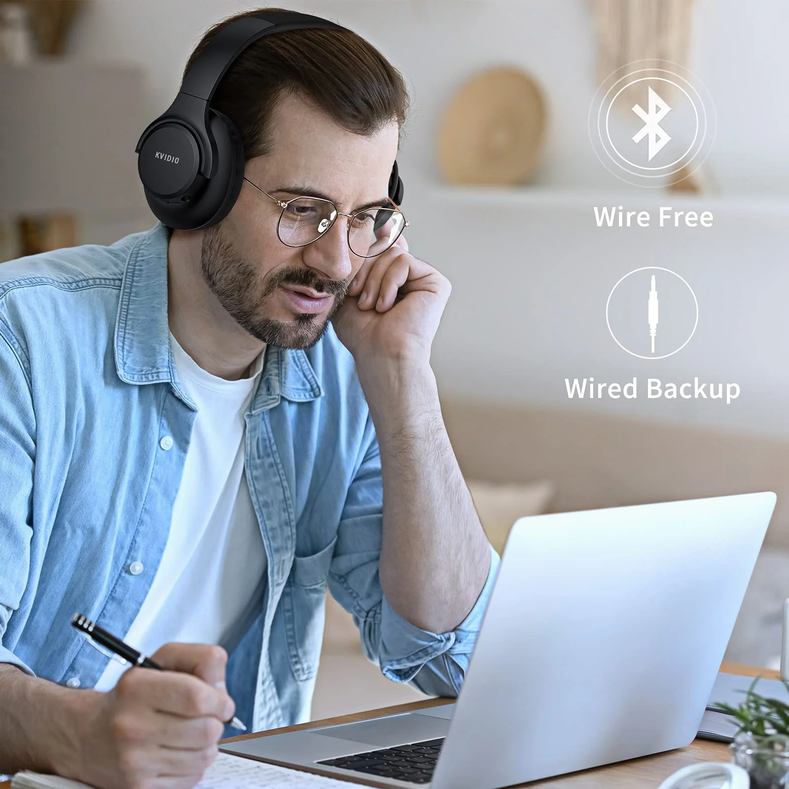 Bluetooth Headphones Over Ear,KVIDIO 55 Hours Playtime Wireless Headphones with Microphone,Foldable Lightweight Headset with Deep Bass,HiFi Stereo Sound for Travel Work Laptop PC Cellphone Black - Image 4