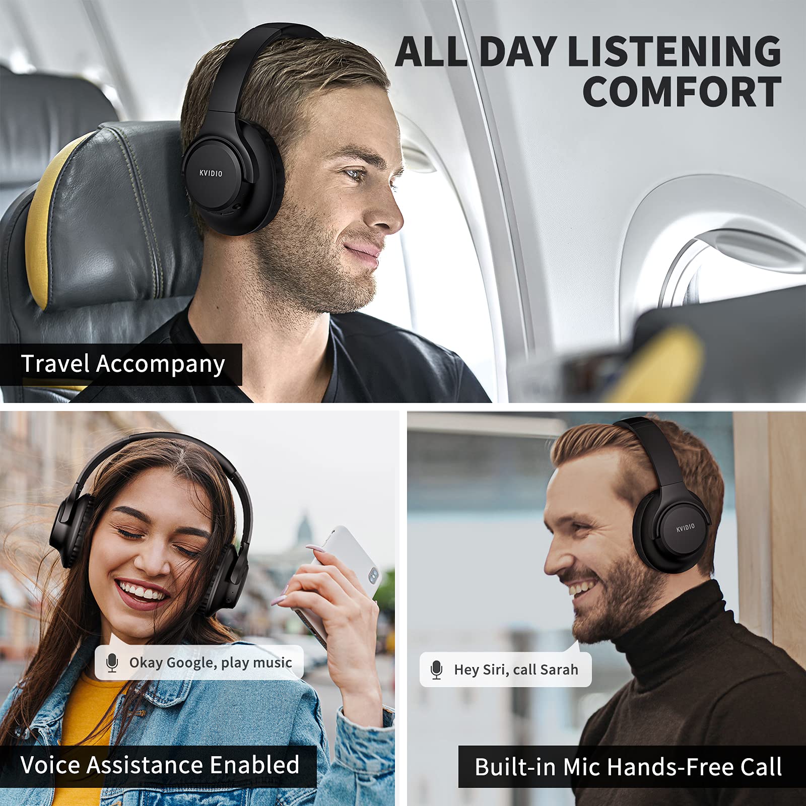 Bluetooth Headphones Over Ear,KVIDIO 55 Hours Playtime Wireless Headphones with Microphone,Foldable Lightweight Headset with Deep Bass,HiFi Stereo Sound for Travel Work Laptop PC Cellphone Black - Image 5