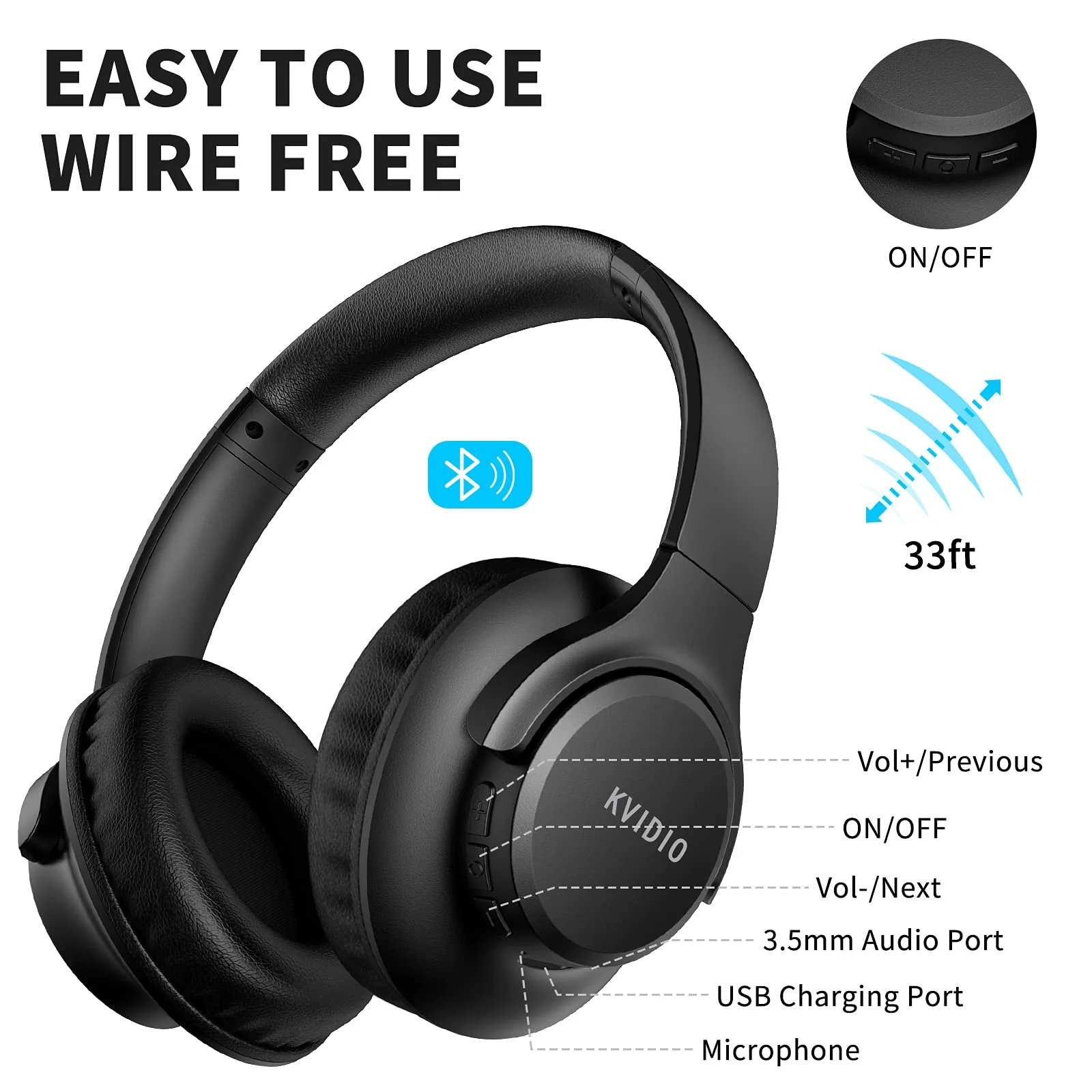 Bluetooth Headphones Over Ear,KVIDIO 55 Hours Playtime Wireless Headphones with Microphone,Foldable Lightweight Headset with Deep Bass,HiFi Stereo Sound for Travel Work Laptop PC Cellphone Black - Image 6