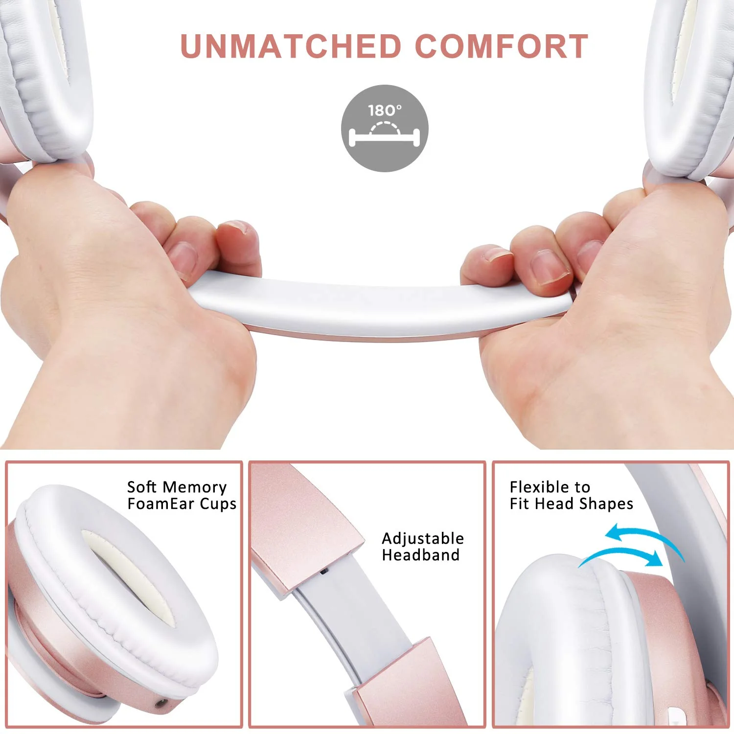 Bluetooth Headphones Over-Ear, Zihnic Foldable Wireless and Wired Stereo Headset Micro SD/TF, FM for Cell Phone,PC,Soft Earmuffs &Light Weight for Prolonged Wearing(Rose Gold) Rose Gold - Image 4