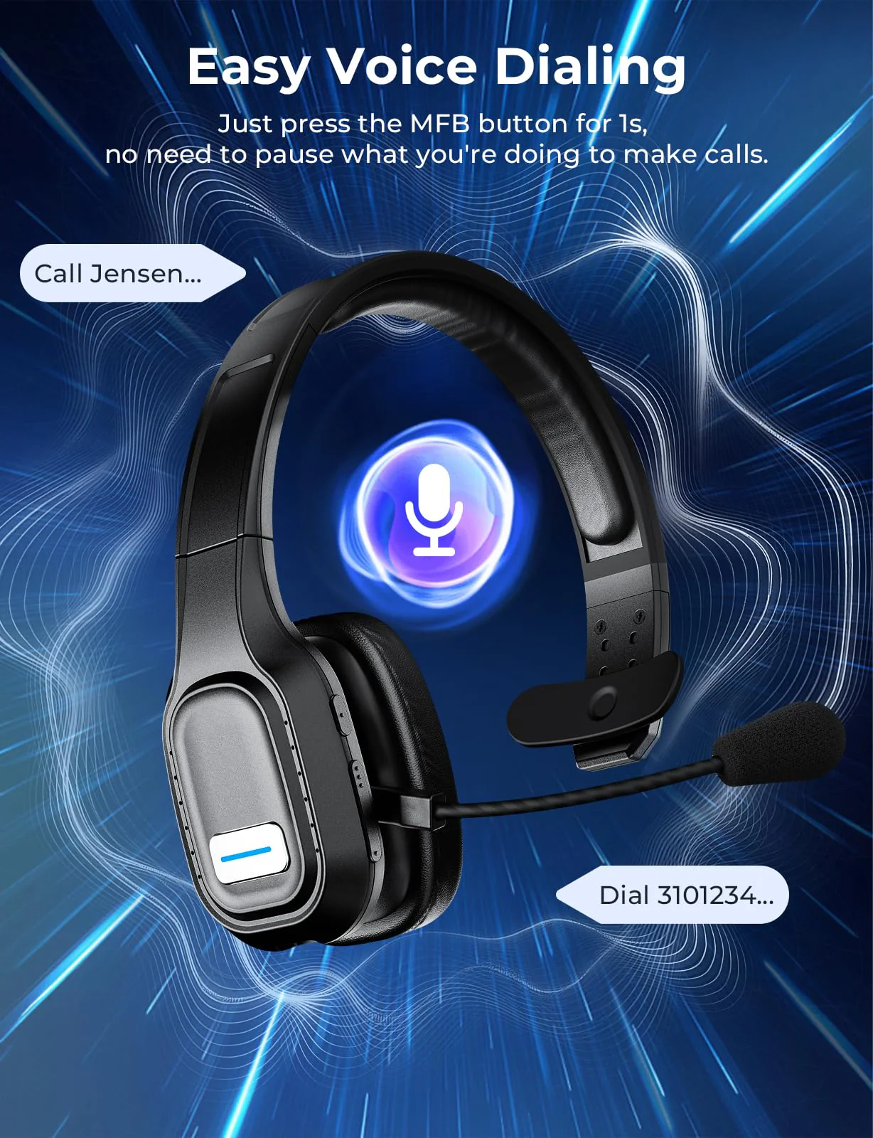 Bluetooth Headset, 60Hrs Working Time with Noise Canceling, Trucker Wireless Headset with Mic & Mute, Voice Control, Bluetooth Headphones Multipoint for Truck Driver, Office, CallCenter, Phone/PC Black - Image 4