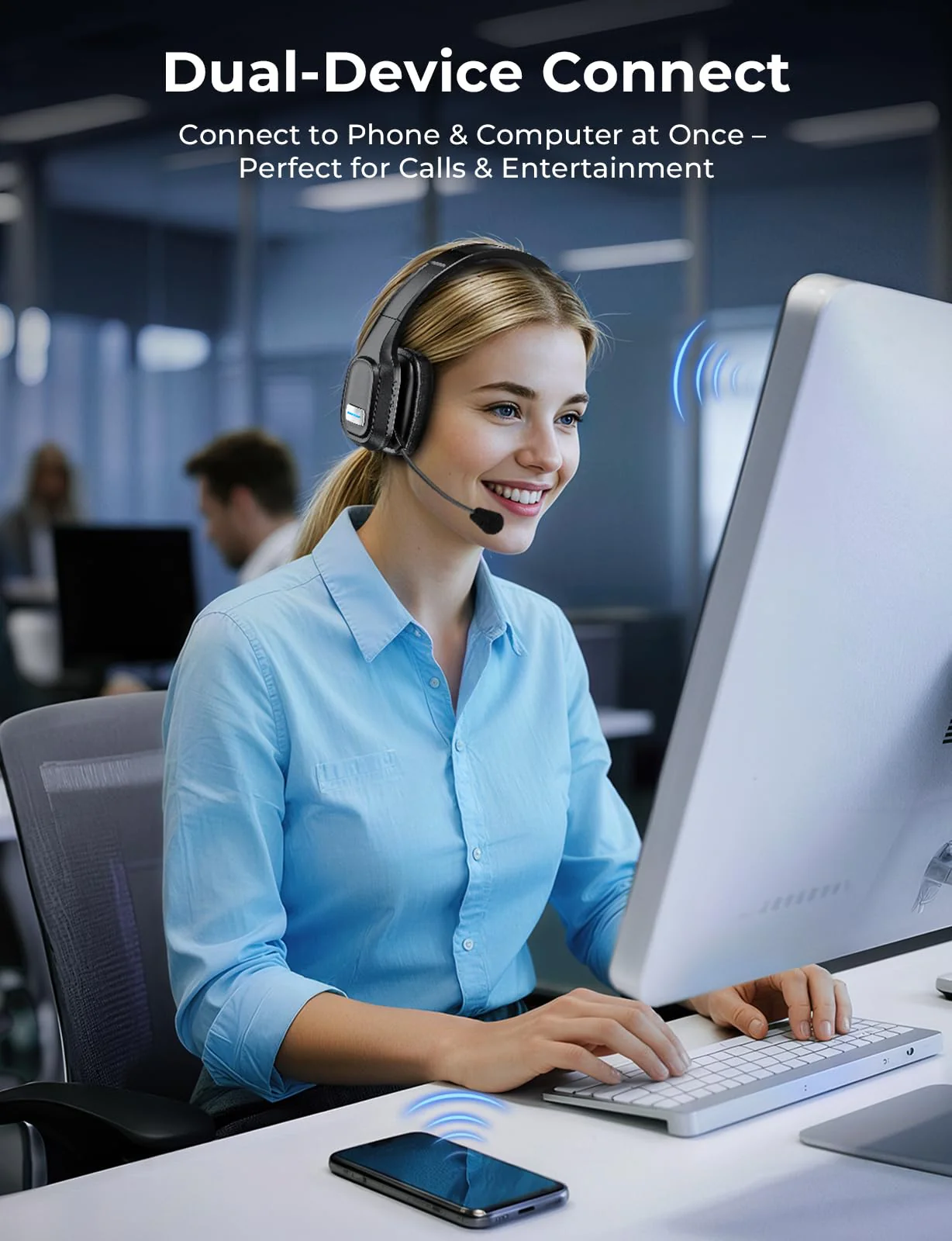 Bluetooth Headset, 60Hrs Working Time with Noise Canceling, Trucker Wireless Headset with Mic & Mute, Voice Control, Bluetooth Headphones Multipoint for Truck Driver, Office, CallCenter, Phone/PC Black - Image 5