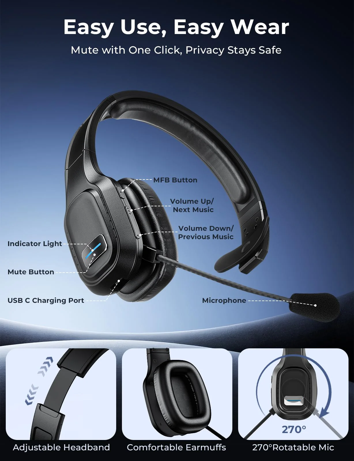 Bluetooth Headset, 60Hrs Working Time with Noise Canceling, Trucker Wireless Headset with Mic & Mute, Voice Control, Bluetooth Headphones Multipoint for Truck Driver, Office, CallCenter, Phone/PC Black - Image 6