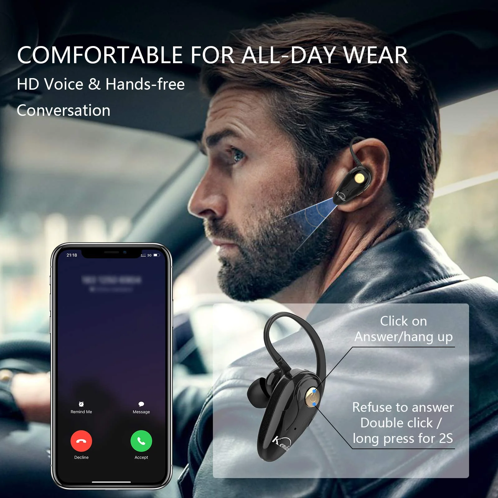 Bluetooth Headset, Kendir V5.0 Ultralight Wireless Headphone Cell Phone Earpiece with Mic Headsetcase,Volume Control, Handsfree Earbud,Compatible with Android/iPhone/Smartphones/Laptop Black - Image 2