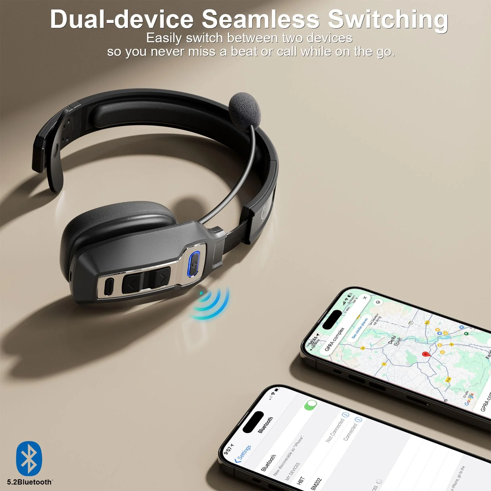 Bluetooth Headset, Trucker Bluetooth Headset with AI Noise Cancellation Microphone & Mute Button, Trucker Headset with 65 Hrs Working Time, Bluetooth 5.2 Multitasking for Truck Drivers/Phone BM202 - Image 3
