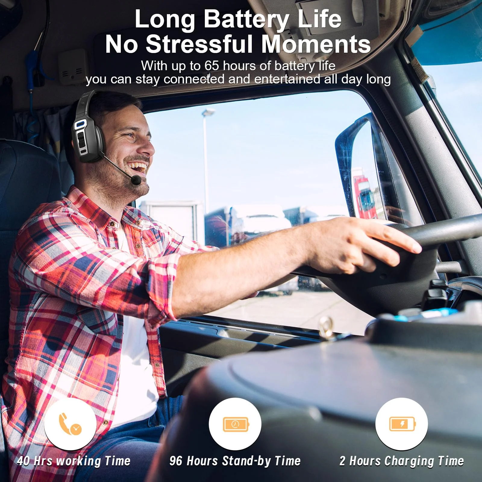 Bluetooth Headset, Trucker Bluetooth Headset with AI Noise Cancellation Microphone & Mute Button, Trucker Headset with 65 Hrs Working Time, Bluetooth 5.2 Multitasking for Truck Drivers/Phone BM202 - Image 4