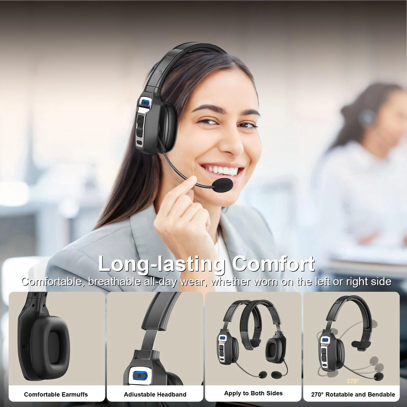 Bluetooth Headset, Trucker Bluetooth Headset with AI Noise Cancellation Microphone & Mute Button, Trucker Headset with 65 Hrs Working Time, Bluetooth 5.2 Multitasking for Truck Drivers/Phone BM202 - Image 5