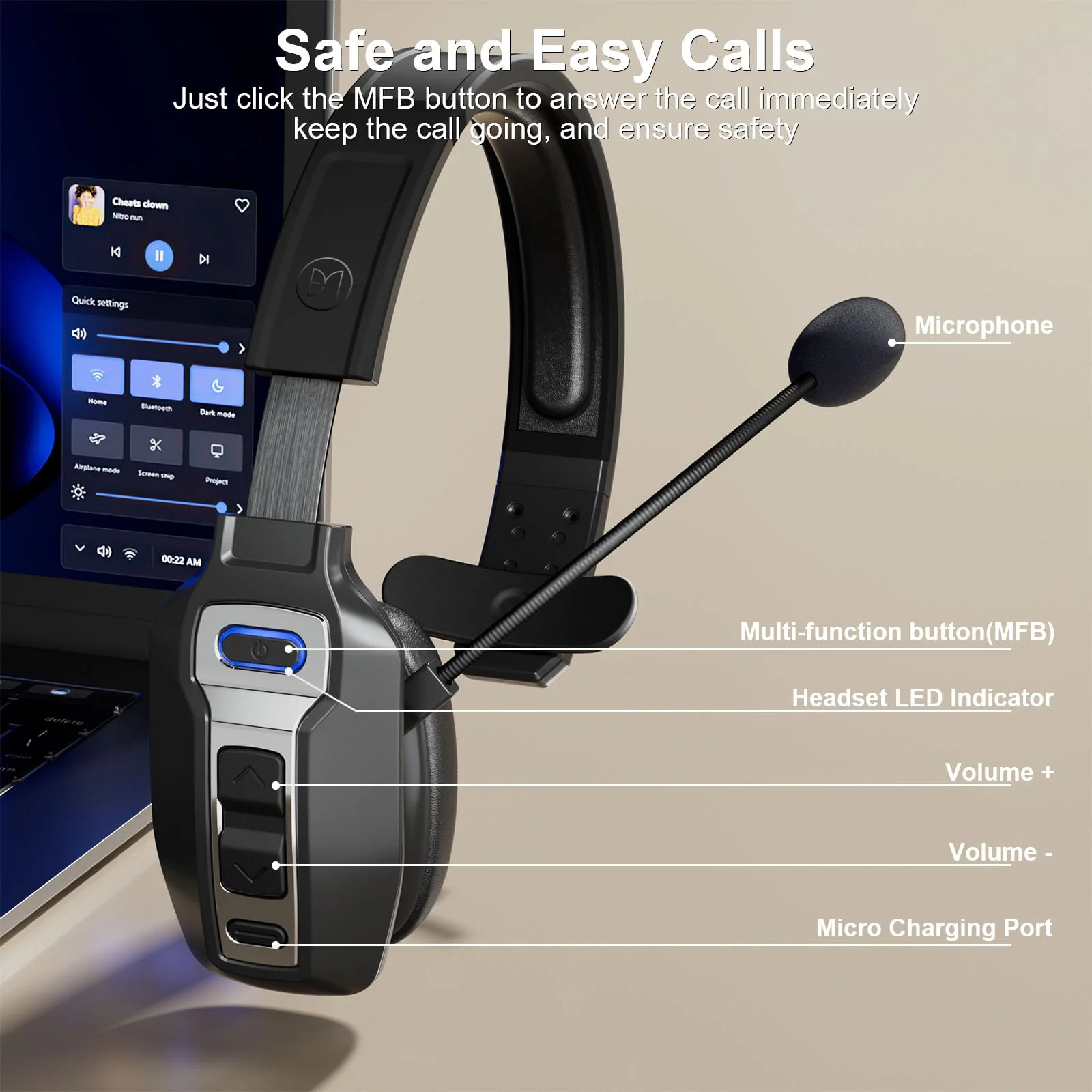 Bluetooth Headset, Trucker Bluetooth Headset with AI Noise Cancellation Microphone & Mute Button, Trucker Headset with 65 Hrs Working Time, Bluetooth 5.2 Multitasking for Truck Drivers/Phone BM202 - Image 6