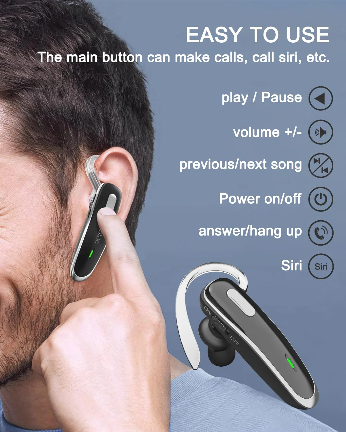 Bluetooth Headset, V5.1 Ultralight Wireless Handsfree Earpiece Cell Phone with Noise Cancellation Microphone for Cell Phone/PC Tablet/Laptop Computer, Headphones for Trucker/Driver/Business - Image 2