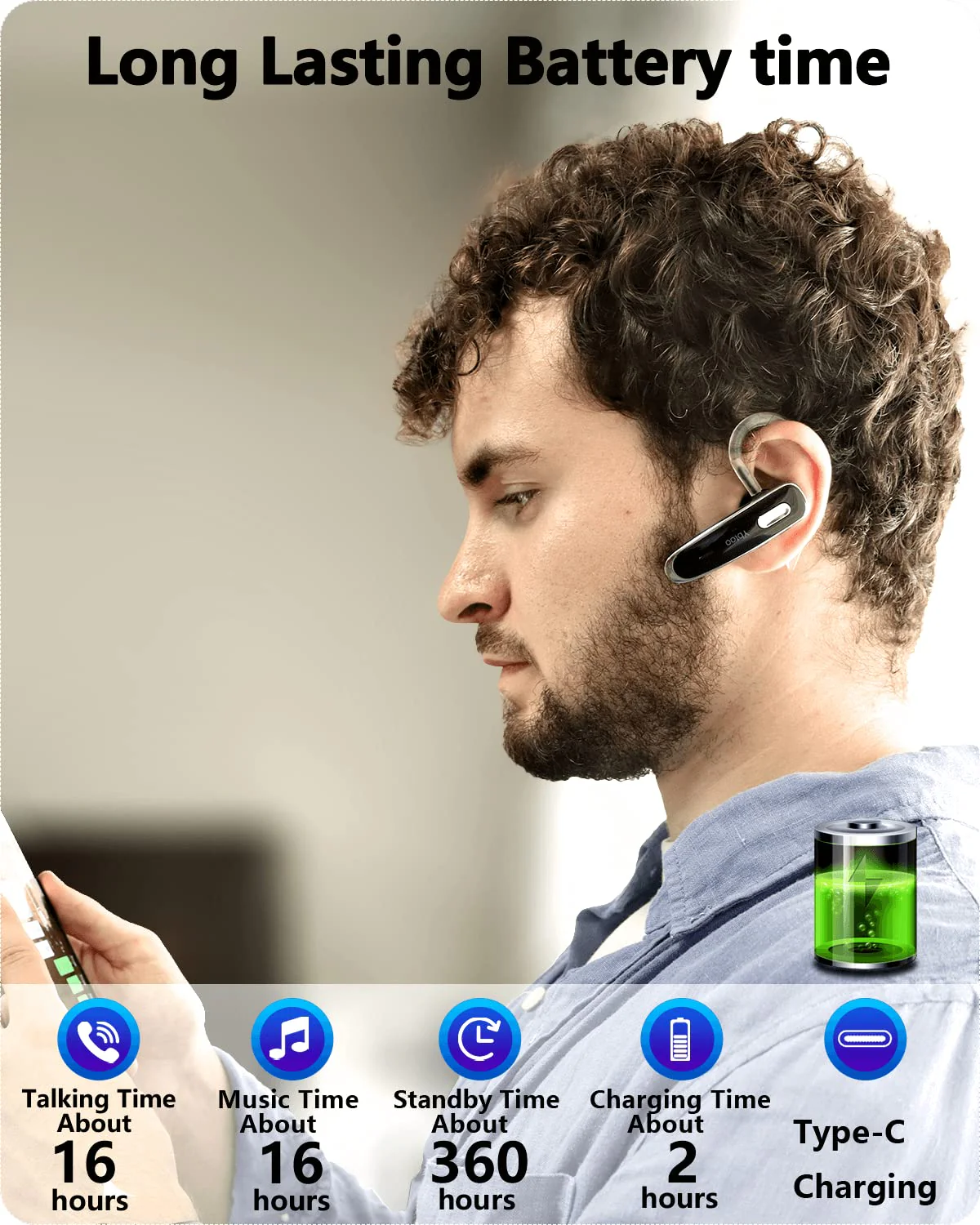 Bluetooth Headset, V5.1 Ultralight Wireless Handsfree Earpiece Cell Phone with Noise Cancellation Microphone for Cell Phone/PC Tablet/Laptop Computer, Headphones for Trucker/Driver/Business - Image 3