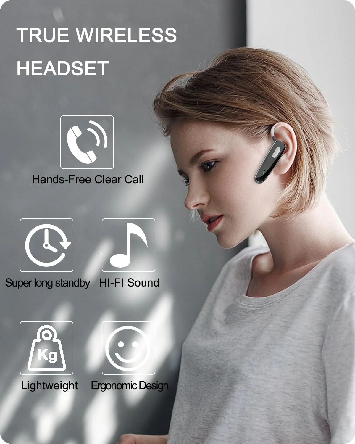Bluetooth Headset, V5.1 Ultralight Wireless Handsfree Earpiece Cell Phone with Noise Cancellation Microphone for Cell Phone/PC Tablet/Laptop Computer, Headphones for Trucker/Driver/Business - Image 5
