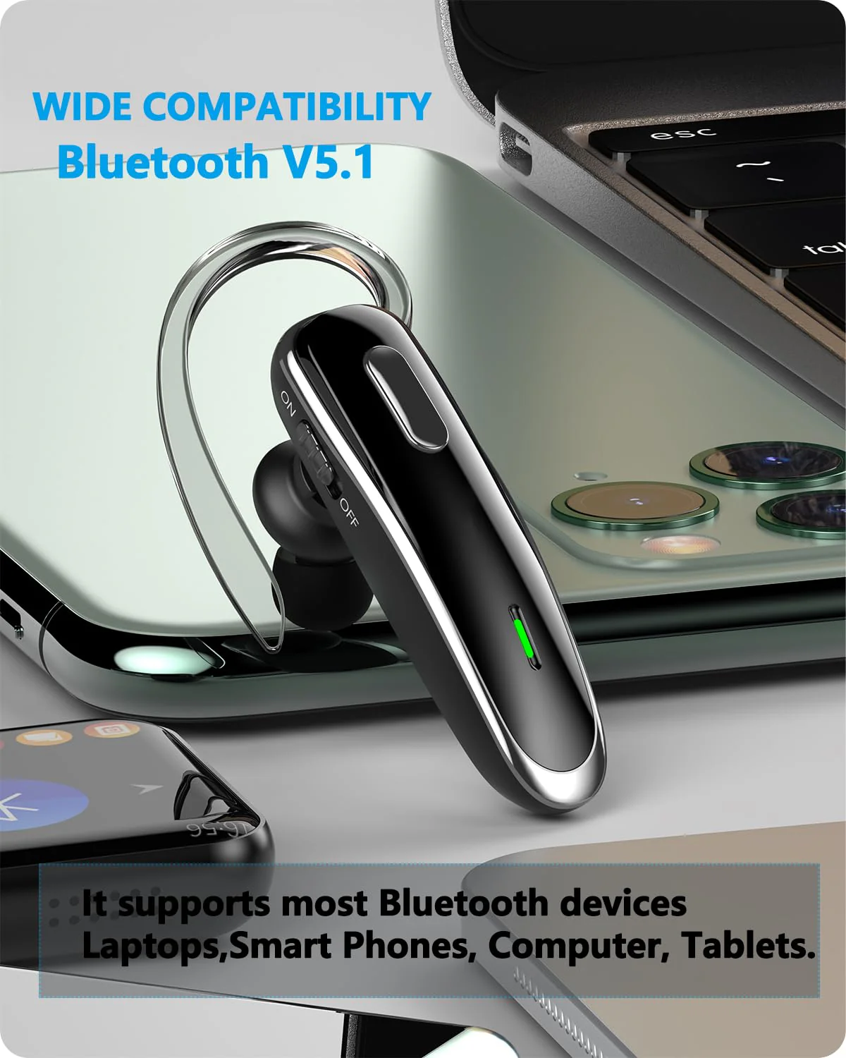 Bluetooth Headset, V5.1 Ultralight Wireless Handsfree Earpiece Cell Phone with Noise Cancellation Microphone for Cell Phone/PC Tablet/Laptop Computer, Headphones for Trucker/Driver/Business - Image 6