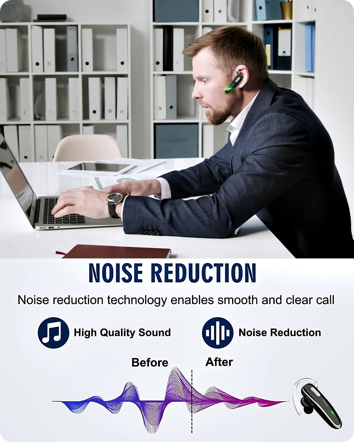 Bluetooth Headset, V5.1 Ultralight Wireless Handsfree Earpiece Cell Phone with Noise Cancellation Microphone for Cell Phone/PC Tablet/Laptop Computer, Headphones for Trucker/Driver/Business - Image 7