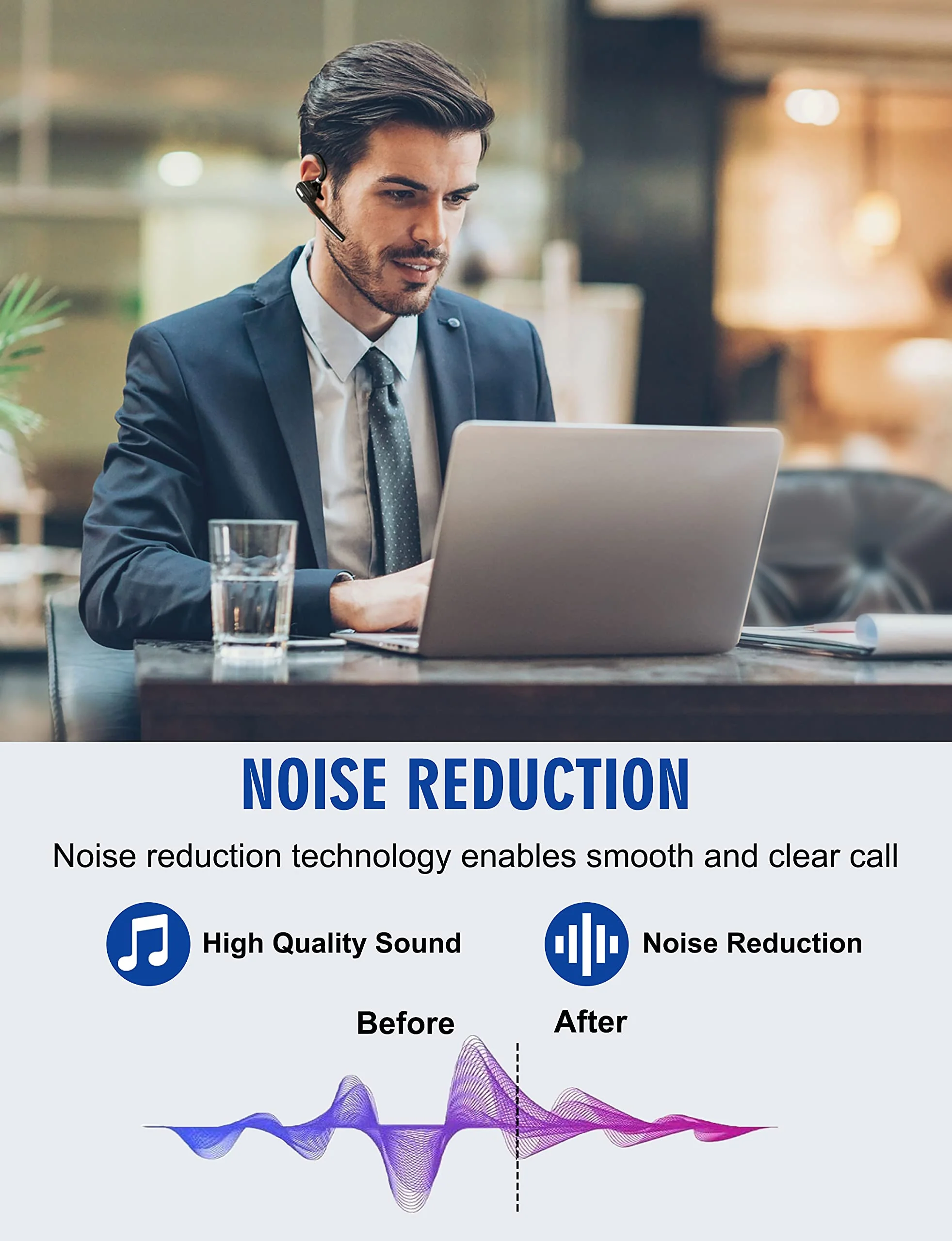 Bluetooth Headset V5.1, Wireless Headset with Battery Display Charging Case, Bluetooth Earpiece with Noise Canceling Mic for Driving, Office, Business, Compatible with Cell Phone and PC - Image 4