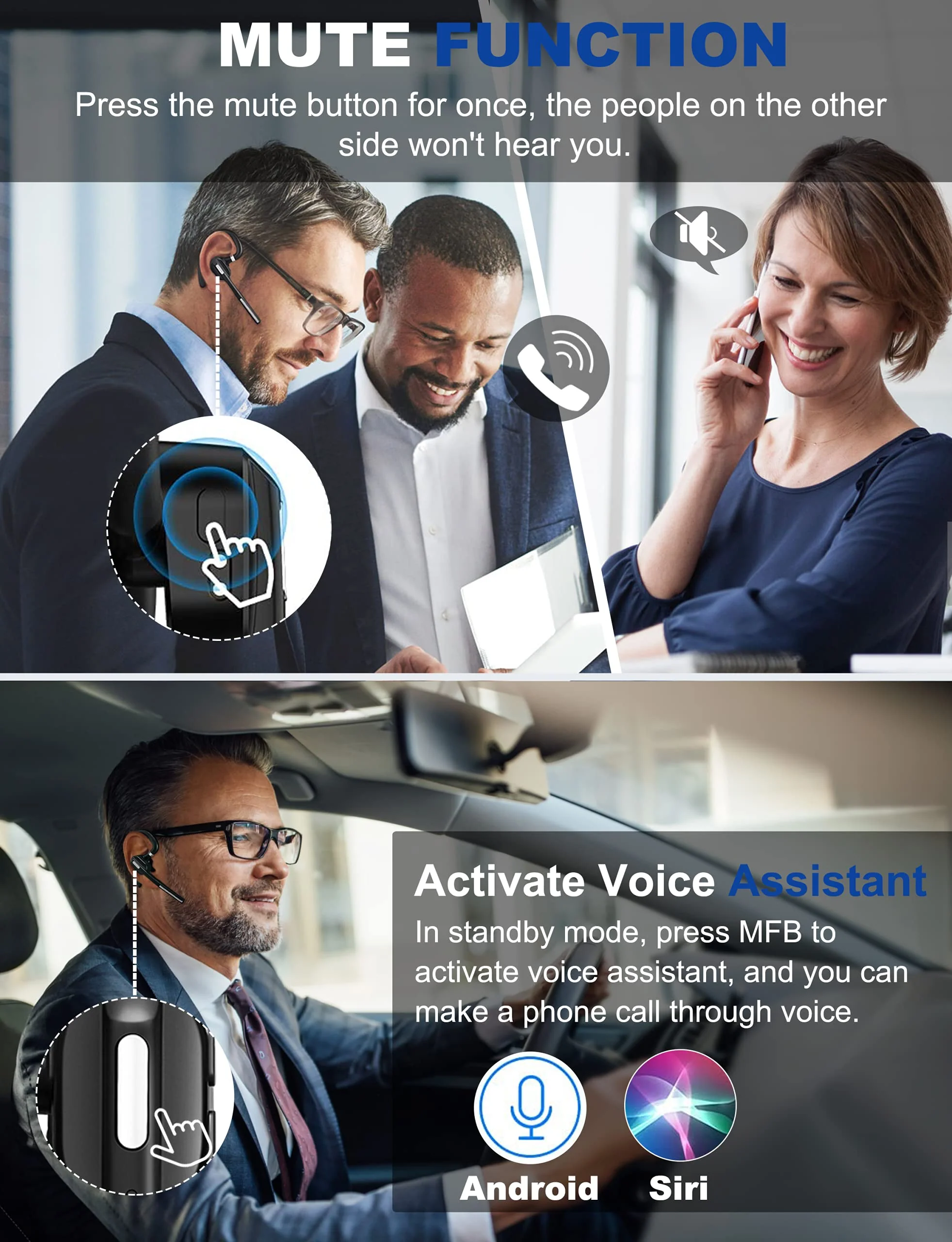 Bluetooth Headset V5.1, Wireless Headset with Battery Display Charging Case, Bluetooth Earpiece with Noise Canceling Mic for Driving, Office, Business, Compatible with Cell Phone and PC - Image 6