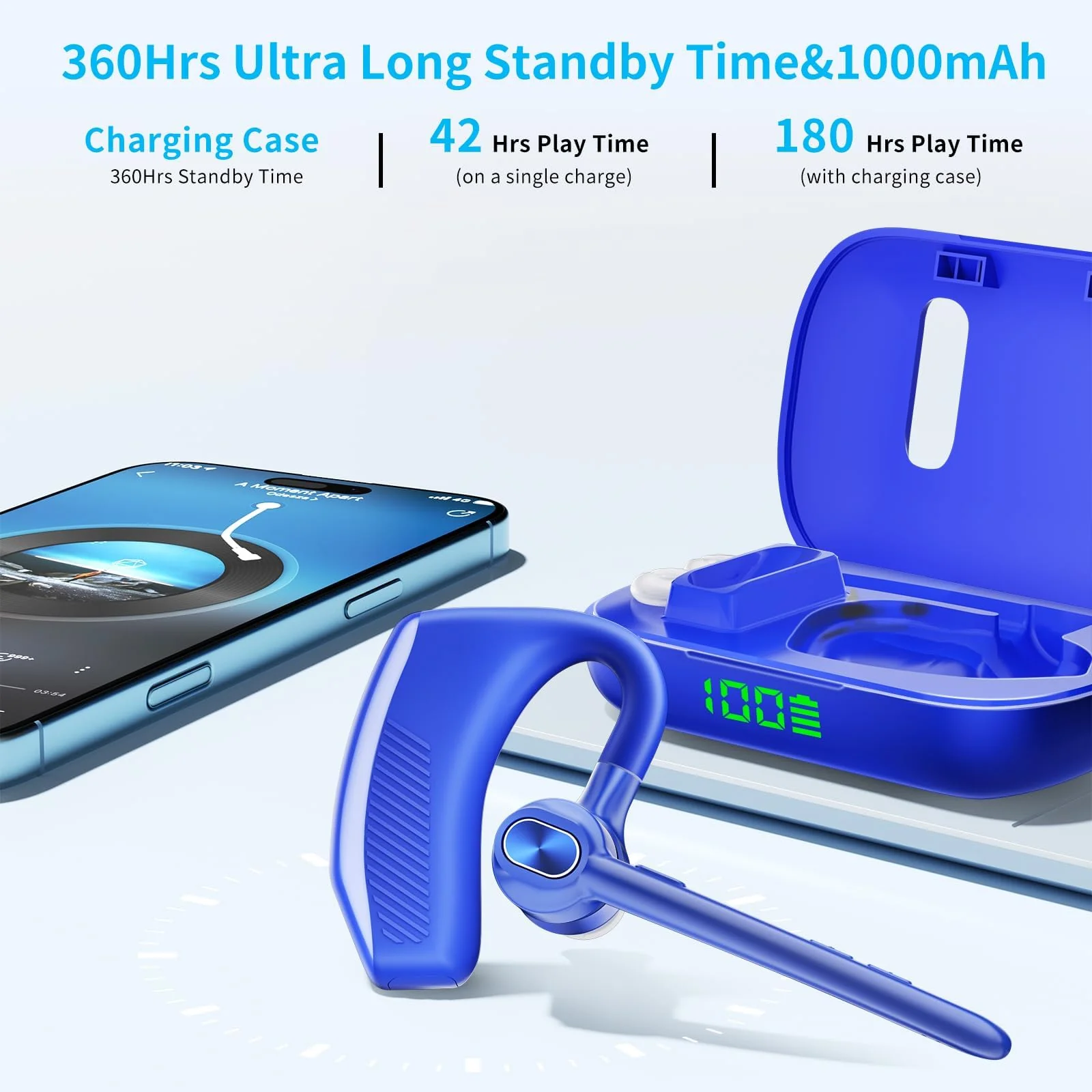 Bluetooth Headset Wireless Earpiece Microphone 180H Playtime 1000mAh Wireless Charging Case Handsfree Single Ear Headset LED Display for iPhone Android Cellphones PC Computer Trucker Drivers Work Game Blue - Image 2