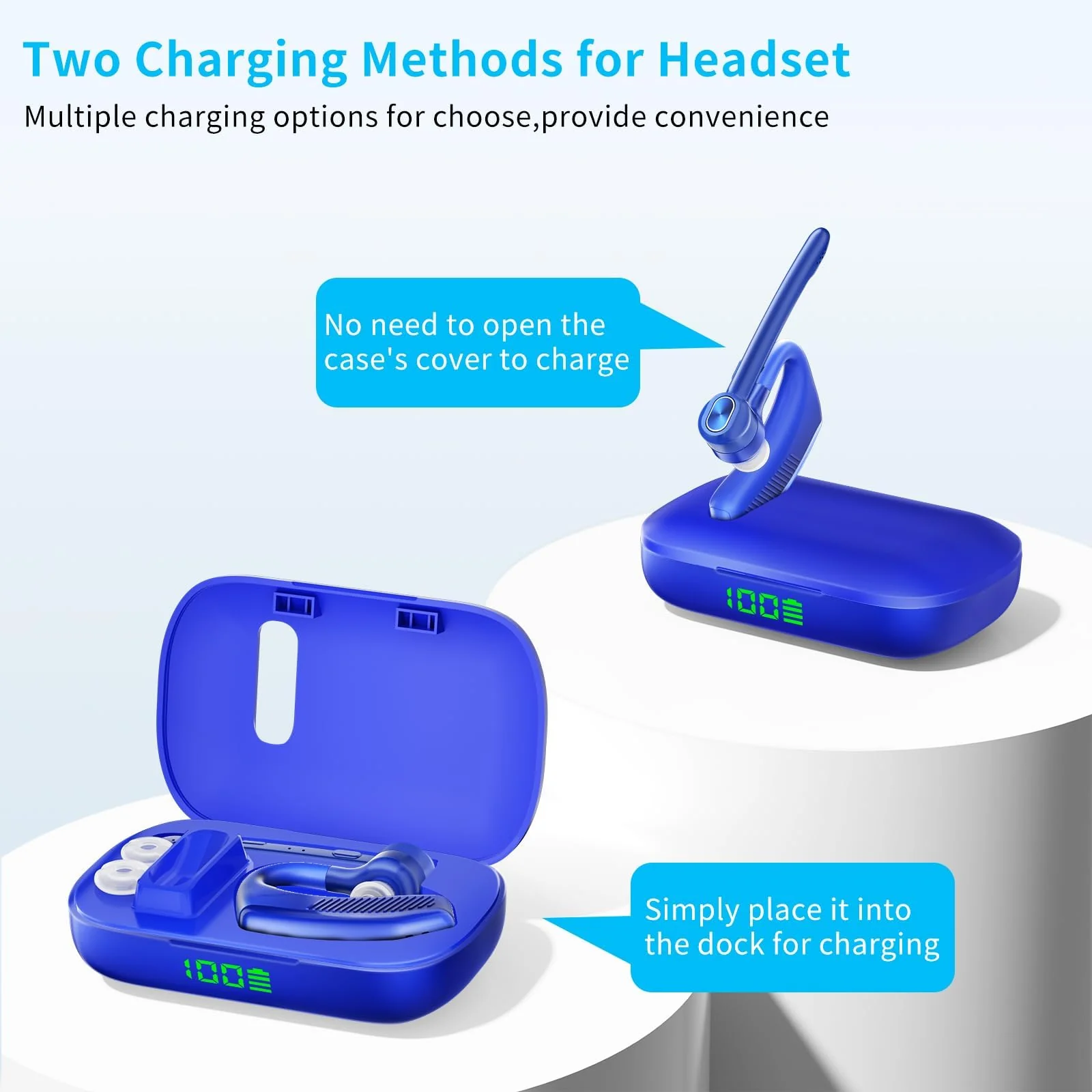 Bluetooth Headset Wireless Earpiece Microphone 180H Playtime 1000mAh Wireless Charging Case Handsfree Single Ear Headset LED Display for iPhone Android Cellphones PC Computer Trucker Drivers Work Game Blue - Image 3