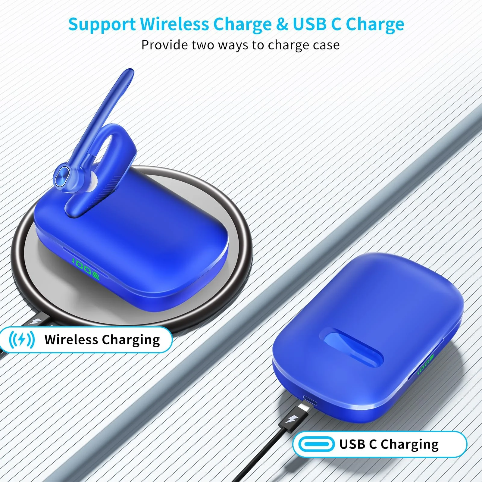 Bluetooth Headset Wireless Earpiece Microphone 180H Playtime 1000mAh Wireless Charging Case Handsfree Single Ear Headset LED Display for iPhone Android Cellphones PC Computer Trucker Drivers Work Game Blue - Image 4