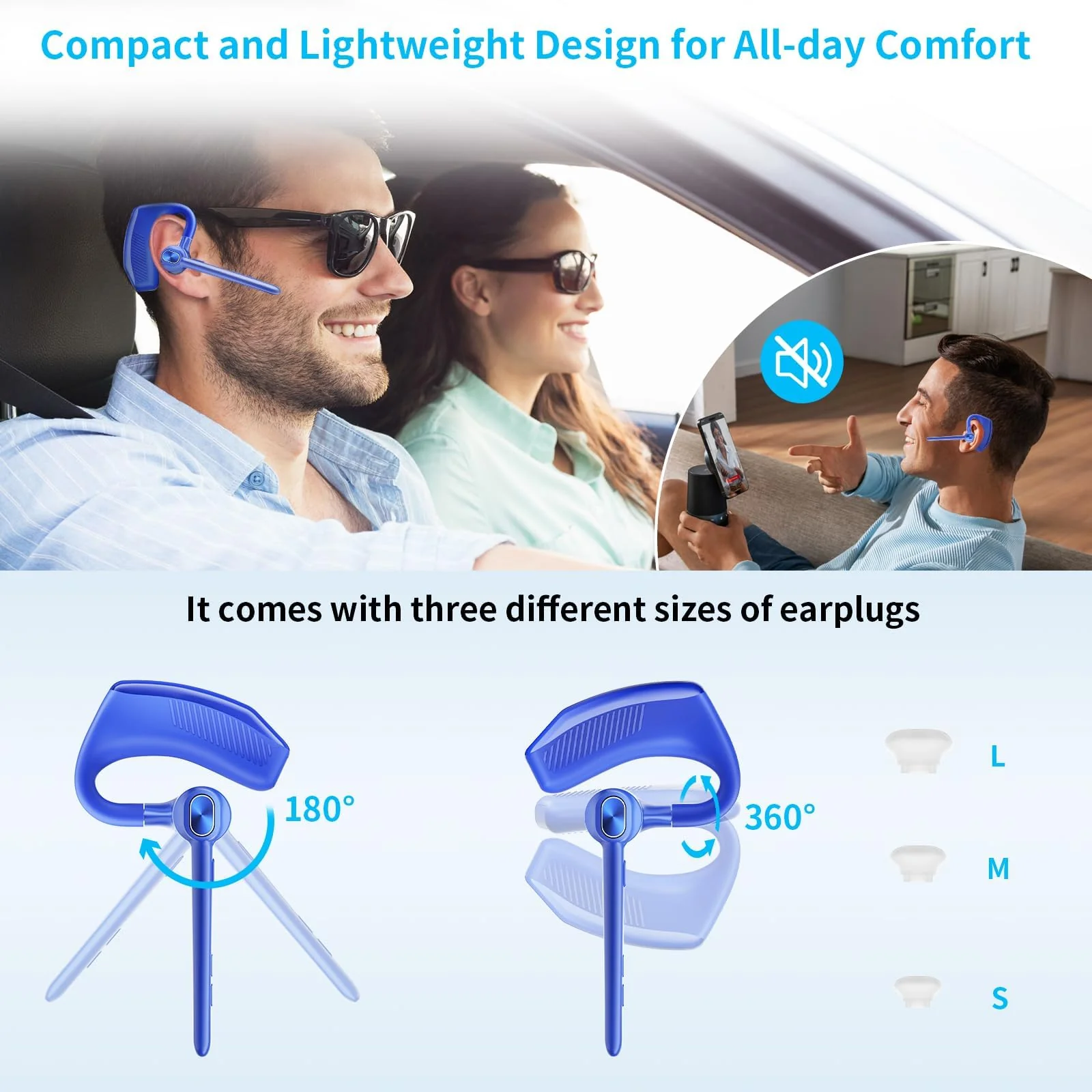 Bluetooth Headset Wireless Earpiece Microphone 180H Playtime 1000mAh Wireless Charging Case Handsfree Single Ear Headset LED Display for iPhone Android Cellphones PC Computer Trucker Drivers Work Game Blue - Image 5
