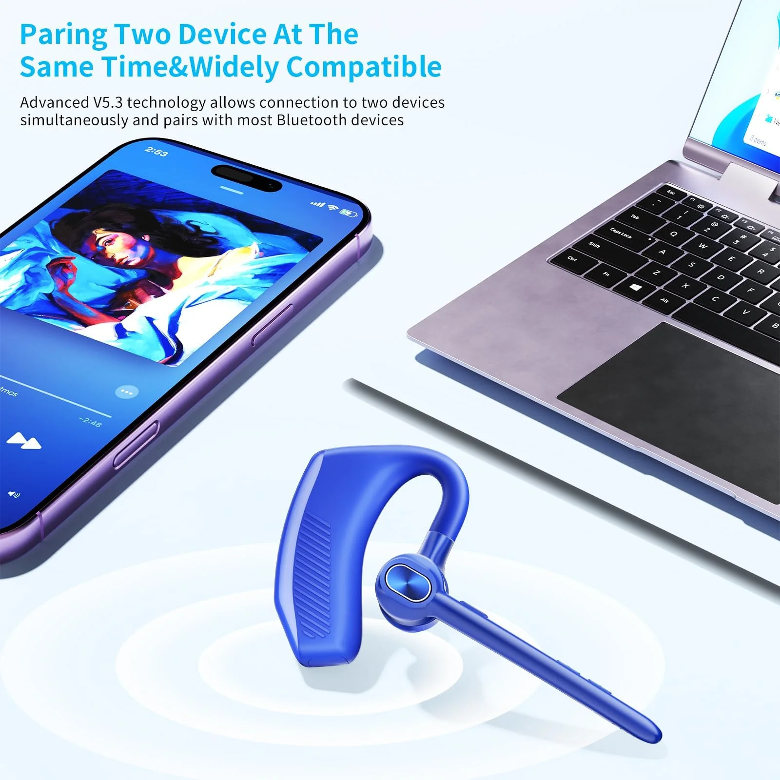 Bluetooth Headset Wireless Earpiece Microphone 180H Playtime 1000mAh Wireless Charging Case Handsfree Single Ear Headset LED Display for iPhone Android Cellphones PC Computer Trucker Drivers Work Game Blue - Image 7