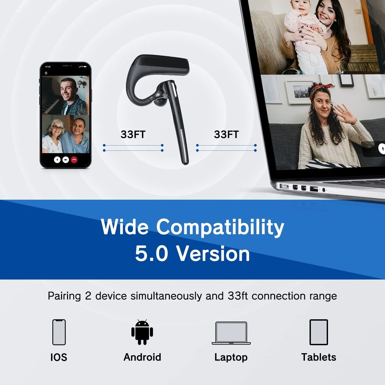 Bluetooth Headset - Wireless Headset with Microphone 90 Days Standby/110 Hours Talktime, Bluetooth Earpiece for Cell Phone/PC Tablet/Laptop Computer, Headphones for Trucker/Driver/Business - Image 5