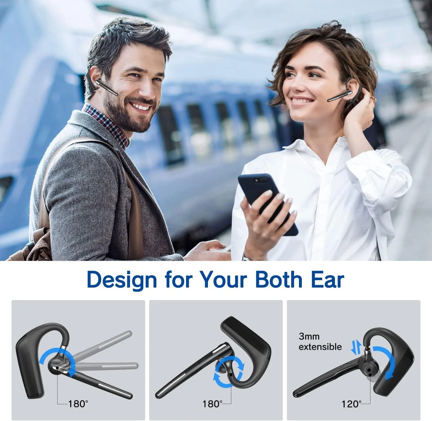 Bluetooth Headset - Wireless Headset with Microphone 90 Days Standby/110 Hours Talktime, Bluetooth Earpiece for Cell Phone/PC Tablet/Laptop Computer, Headphones for Trucker/Driver/Business - Image 7