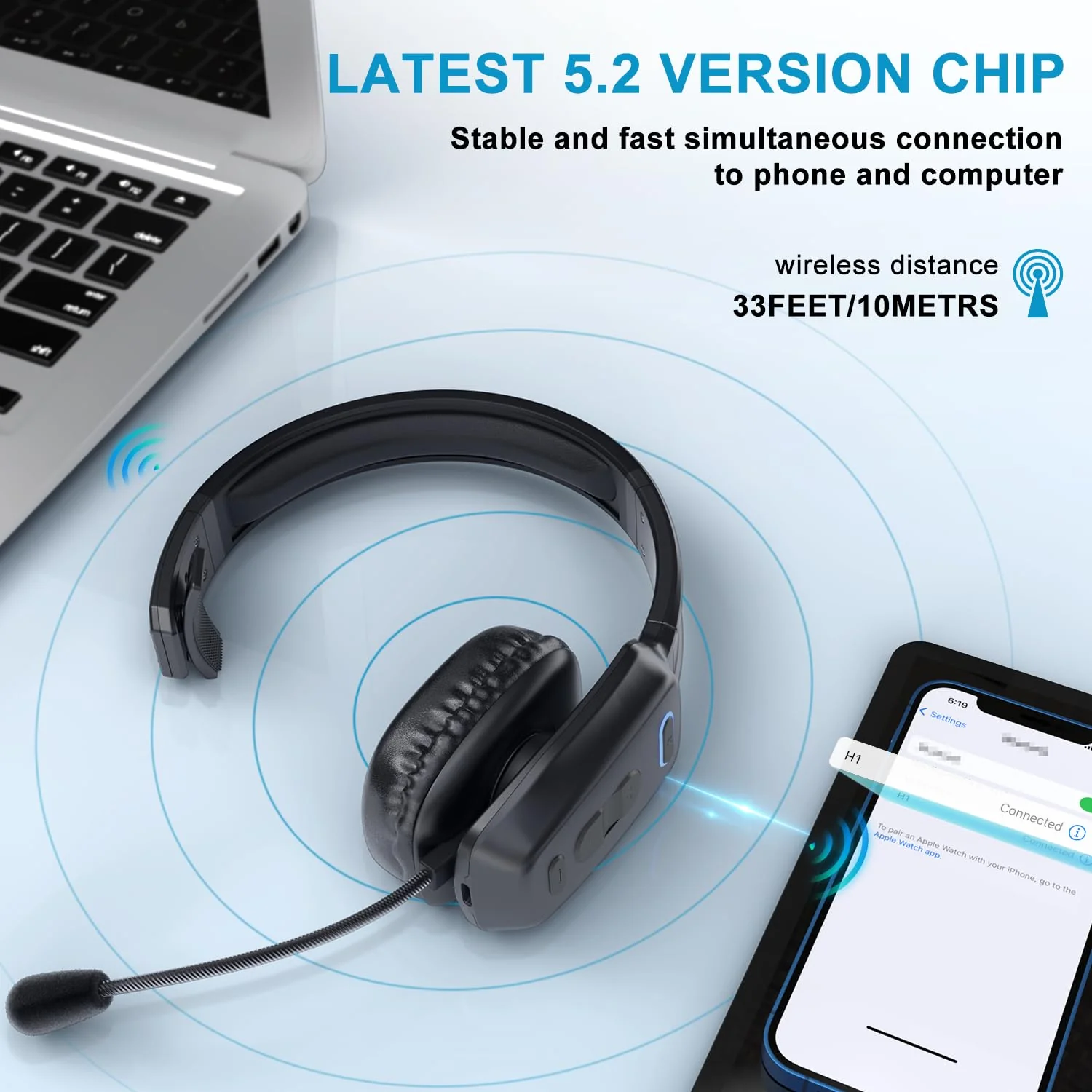 Bluetooth Headset, Wireless Trucker Headset with Noise Canceling Microphone Truck Driver Headphone with Mute Button-Work 60Hrs for Cellphone Office Work - Image 5