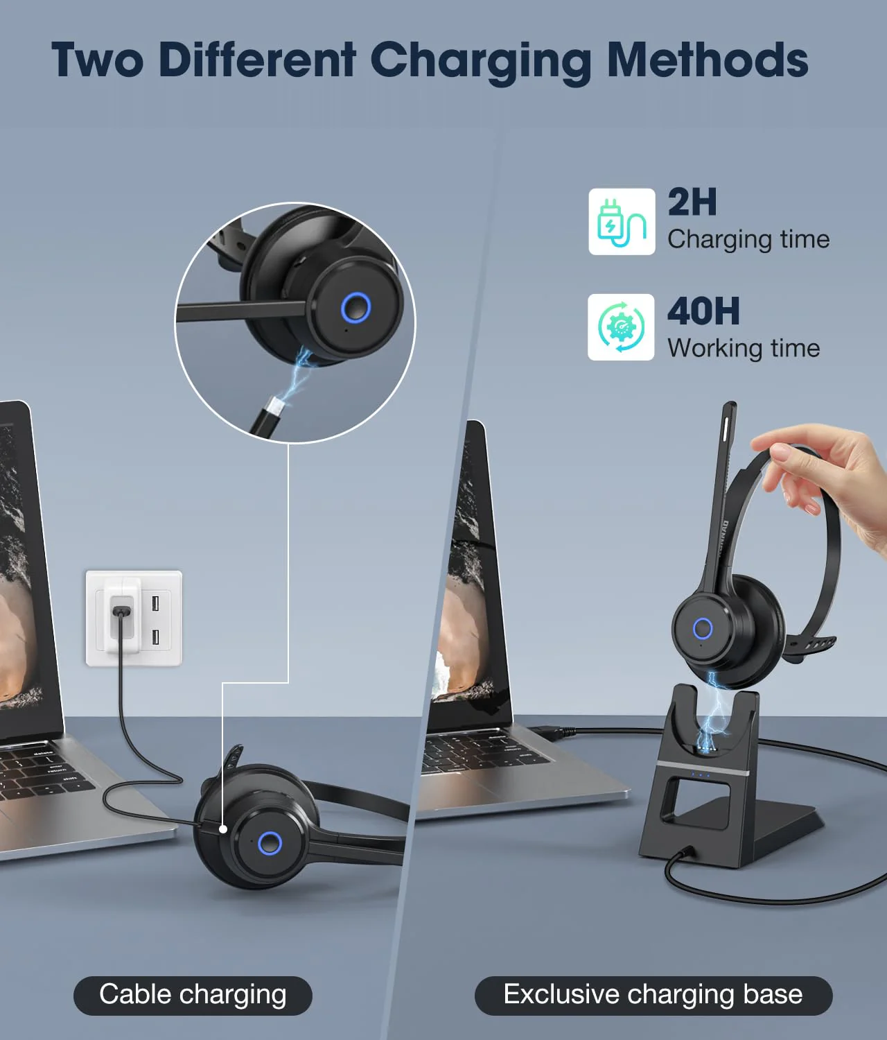 Bluetooth Headset with AI Noise Cancelling Microphone, V5.3 Wireless Headphones with USB Dongle, Charging Station, Microphone Mute Switch, Wireless Headsets for Work Black - Image 3