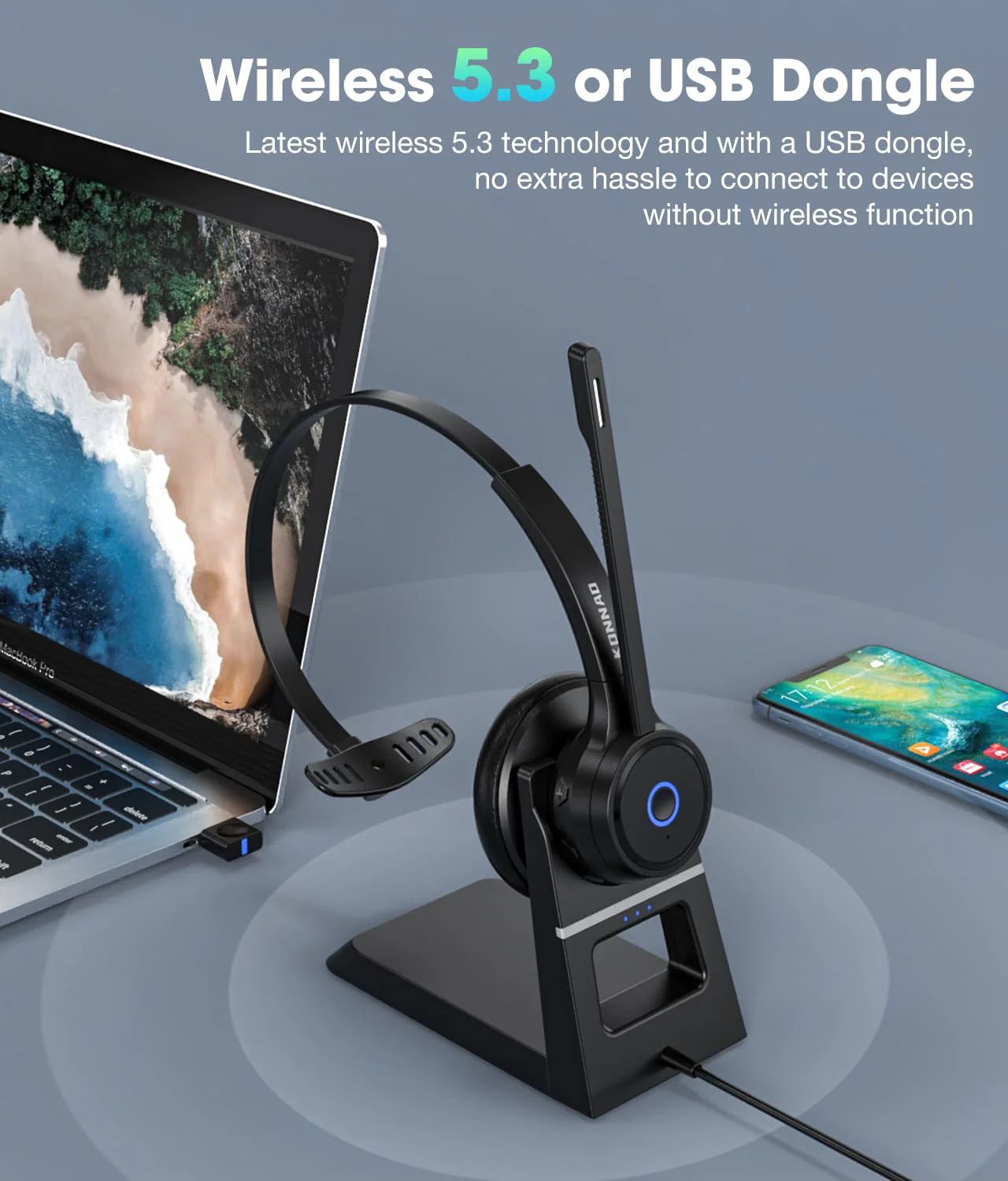 Bluetooth Headset with AI Noise Cancelling Microphone, V5.3 Wireless Headphones with USB Dongle, Charging Station, Microphone Mute Switch, Wireless Headsets for Work Black - Image 5