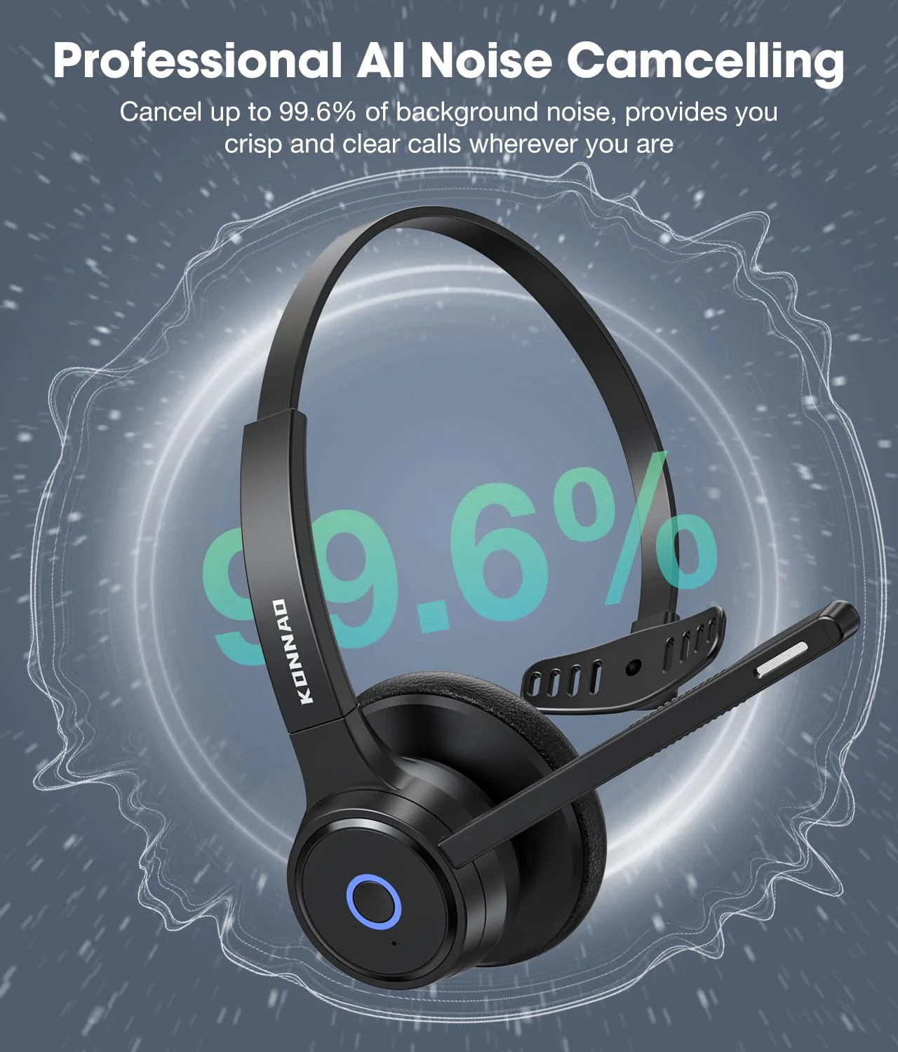 Bluetooth Headset with AI Noise Cancelling Microphone, V5.3 Wireless Headphones with USB Dongle, Charging Station, Microphone Mute Switch, Wireless Headsets for Work Black - Image 6