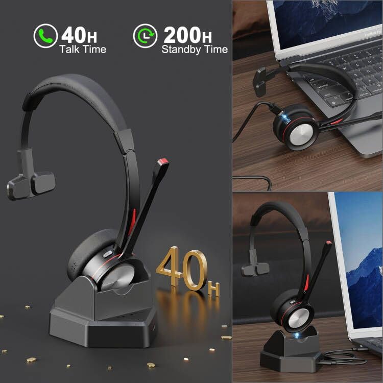 Bluetooth Headset with Microphone Noise Cacenling, Mono Wireless Headset with Mic & Mute Button, 40 Hrs Working Time, Bluetooth Office PC Headset for Call Center Work Laptop Teams Meeting 890BT - Image 4
