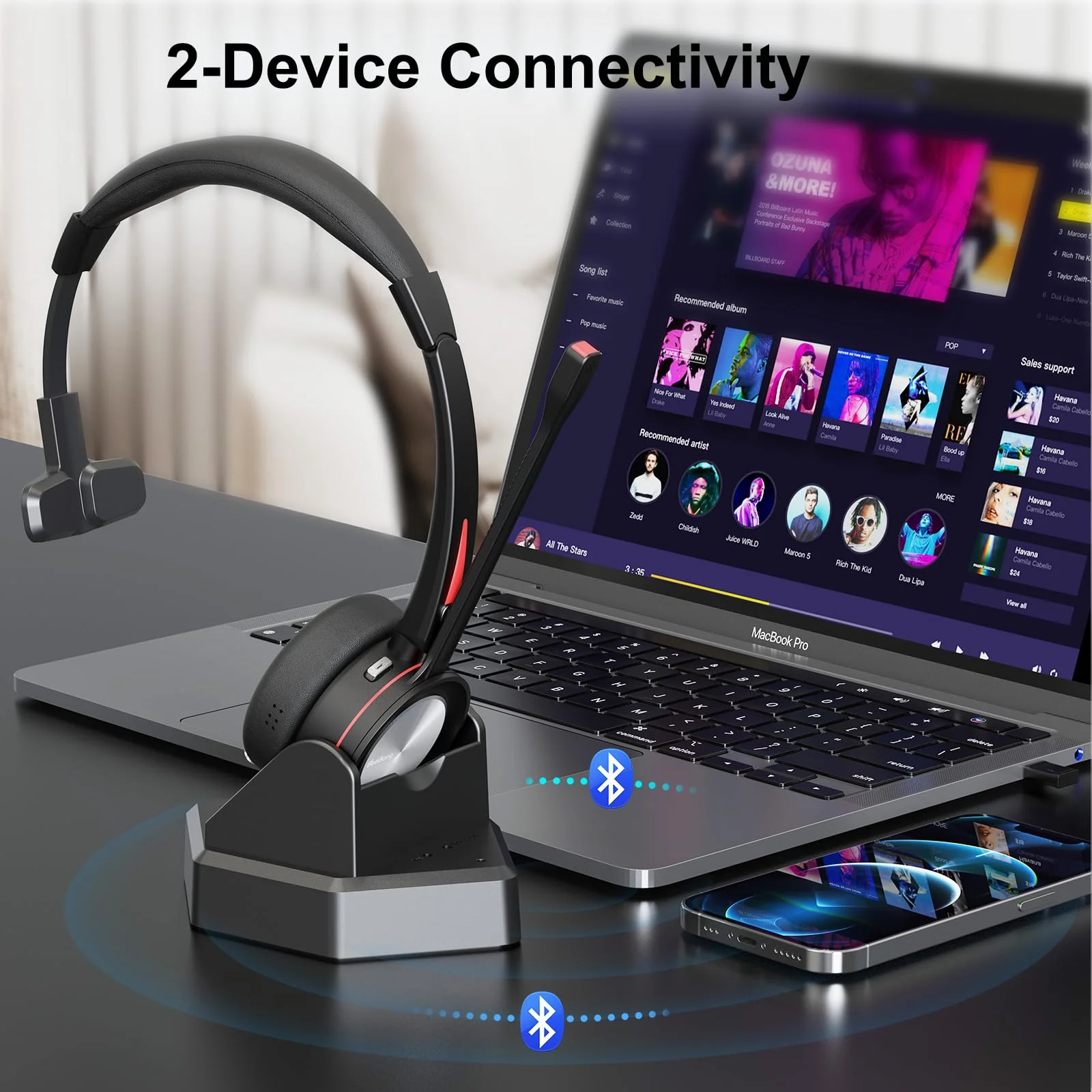 Bluetooth Headset with Microphone Noise Cacenling, Mono Wireless Headset with Mic & Mute Button, 40 Hrs Working Time, Bluetooth Office PC Headset for Call Center Work Laptop Teams Meeting 890BT - Image 5
