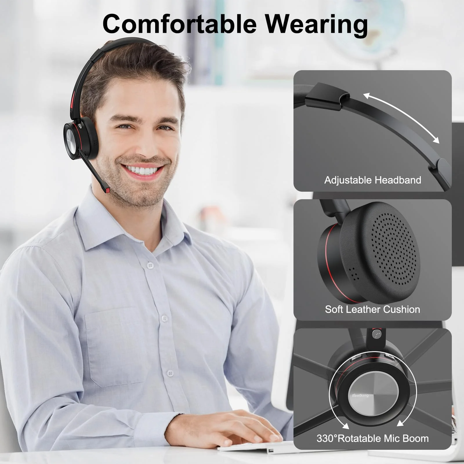 Bluetooth Headset with Microphone Noise Cacenling, Mono Wireless Headset with Mic & Mute Button, 40 Hrs Working Time, Bluetooth Office PC Headset for Call Center Work Laptop Teams Meeting 890BT - Image 6
