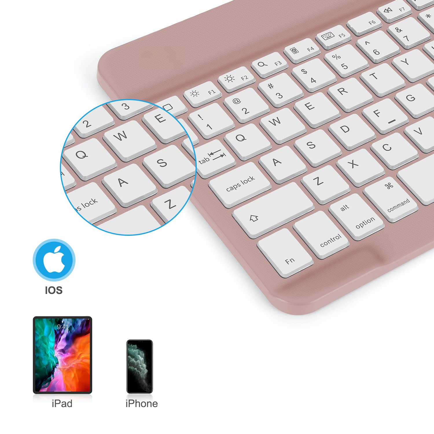Bluetooth Keyboard, OMOTON Wireless Rechargeable Keyboard for iPad, iPad Pro, iPad Mini, iPad Air with Illuminated LED (Rose Gold) Rose Gold - Image 2