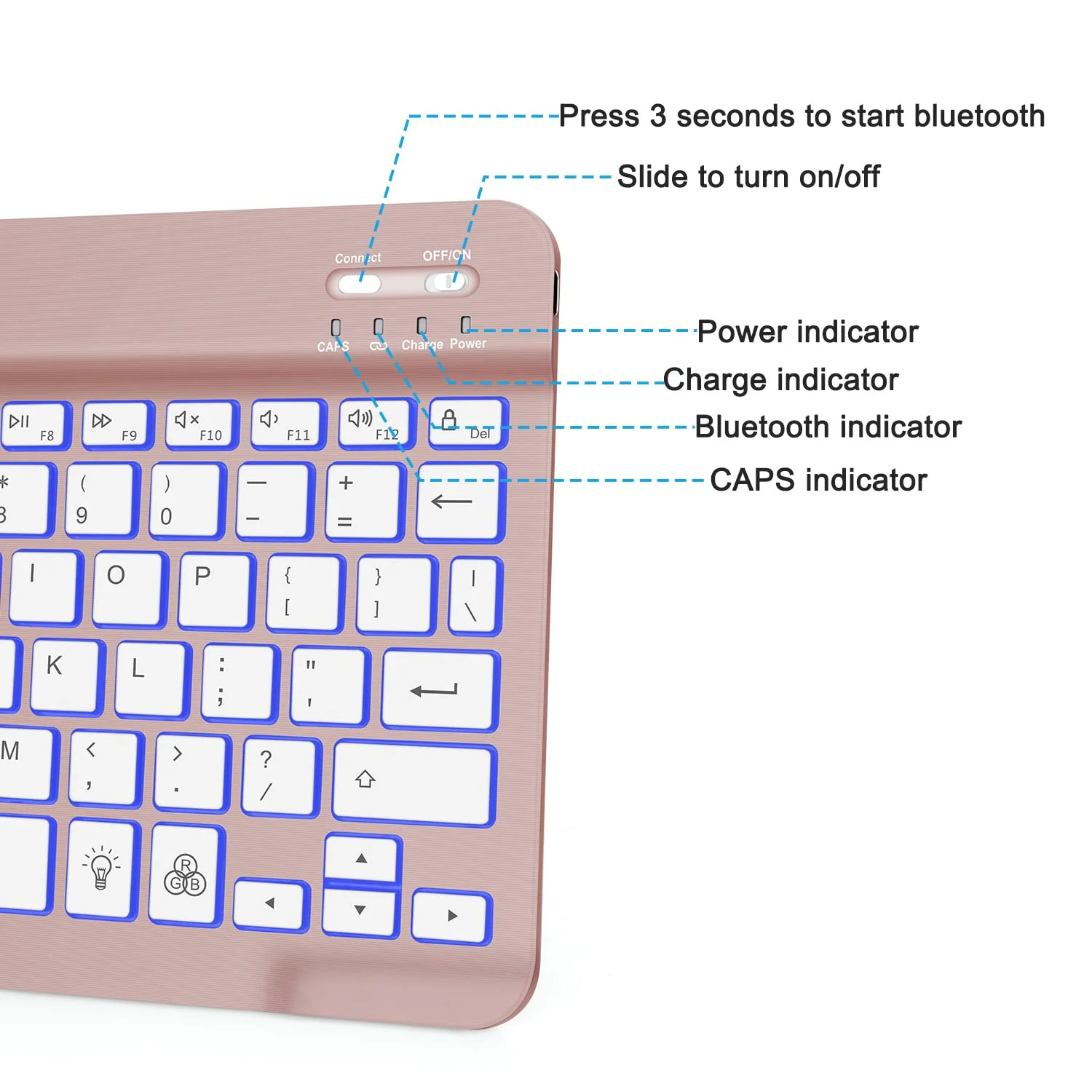 Bluetooth Keyboard, OMOTON Wireless Rechargeable Keyboard for iPad, iPad Pro, iPad Mini, iPad Air with Illuminated LED (Rose Gold) Rose Gold - Image 4