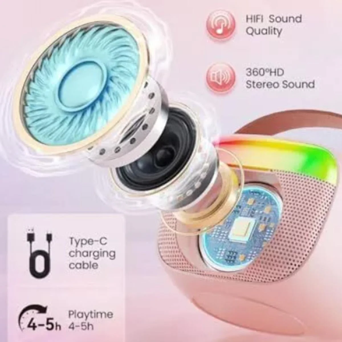 Bluetooth Mini Speaker, Karaoke Speaker Wireless Microphone Subwoofer Microphone Integrated Speaker, Suitable for Home Outdoor Dormitory Party, Pink - Image 2