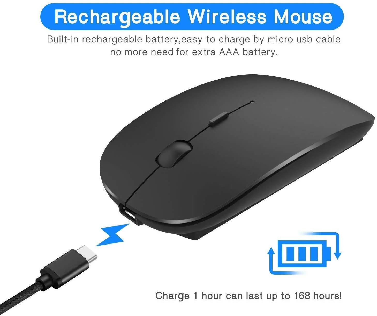 Bluetooth Mouse,Rechargeable Wireless Mouse for MacBook Pro/MacBook Air,Bluetooth Wireless Mouse for Laptop/PC/Mac/iPad pro/Computer Black - Image 3