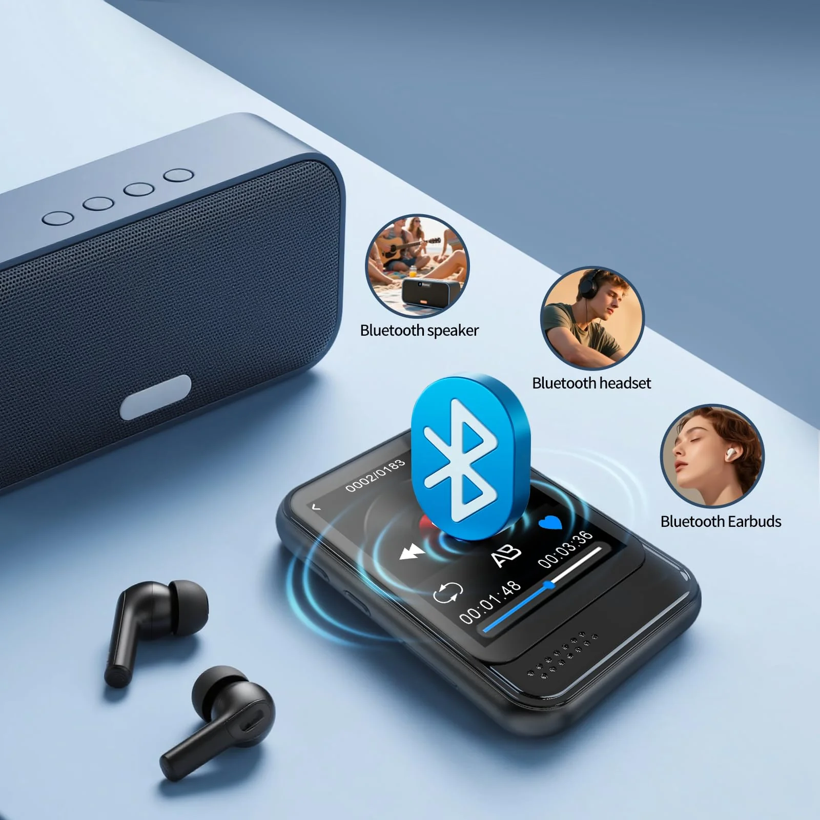 Bluetooth MP3 Player, Portable Music Player with FM Radio, Voice Recorder, Ebook Digital Audio Player with 16GB Internal Memory Support TF Card up to 512GB 1.8" Black - Image 2