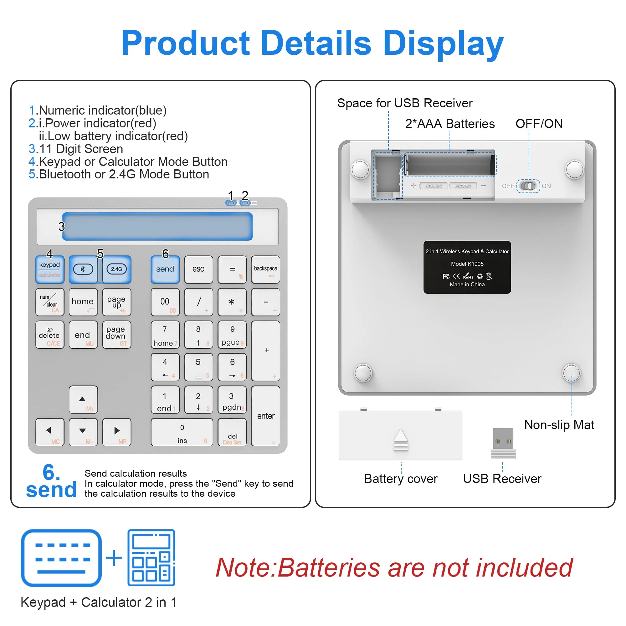 Bluetooth Number Pad - 2.4G Wireless Numeric Keypad with Display Calculator - Wireless Number Pad Slim 34-Key Portable Financial Accounting Numpad Data Entry &Calculation 2in1 for Laptop Desktop White Bluetooth/2.4G Wireless Number Pad(White) - Image 2