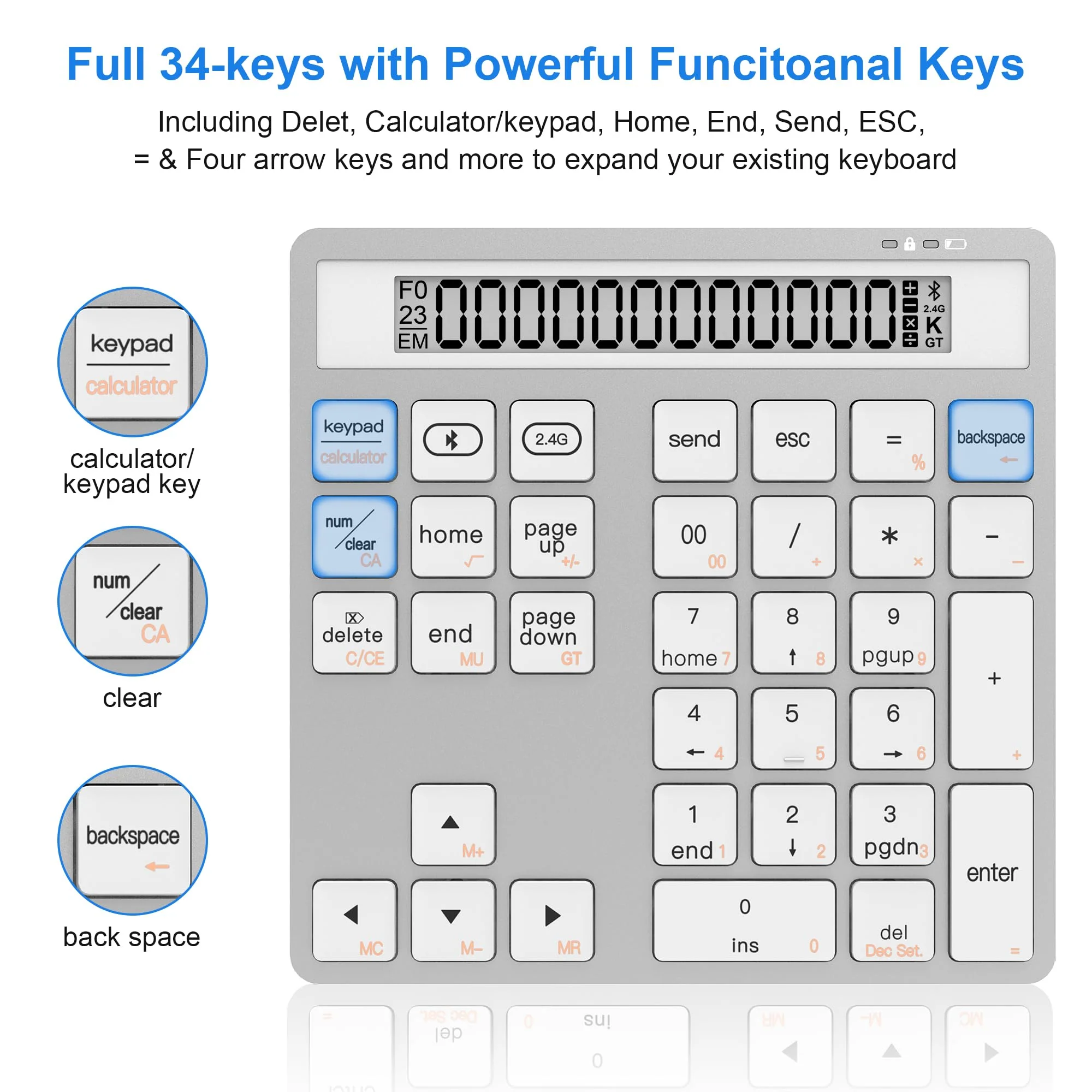 Bluetooth Number Pad - 2.4G Wireless Numeric Keypad with Display Calculator - Wireless Number Pad Slim 34-Key Portable Financial Accounting Numpad Data Entry &Calculation 2in1 for Laptop Desktop White Bluetooth/2.4G Wireless Number Pad(White) - Image 3